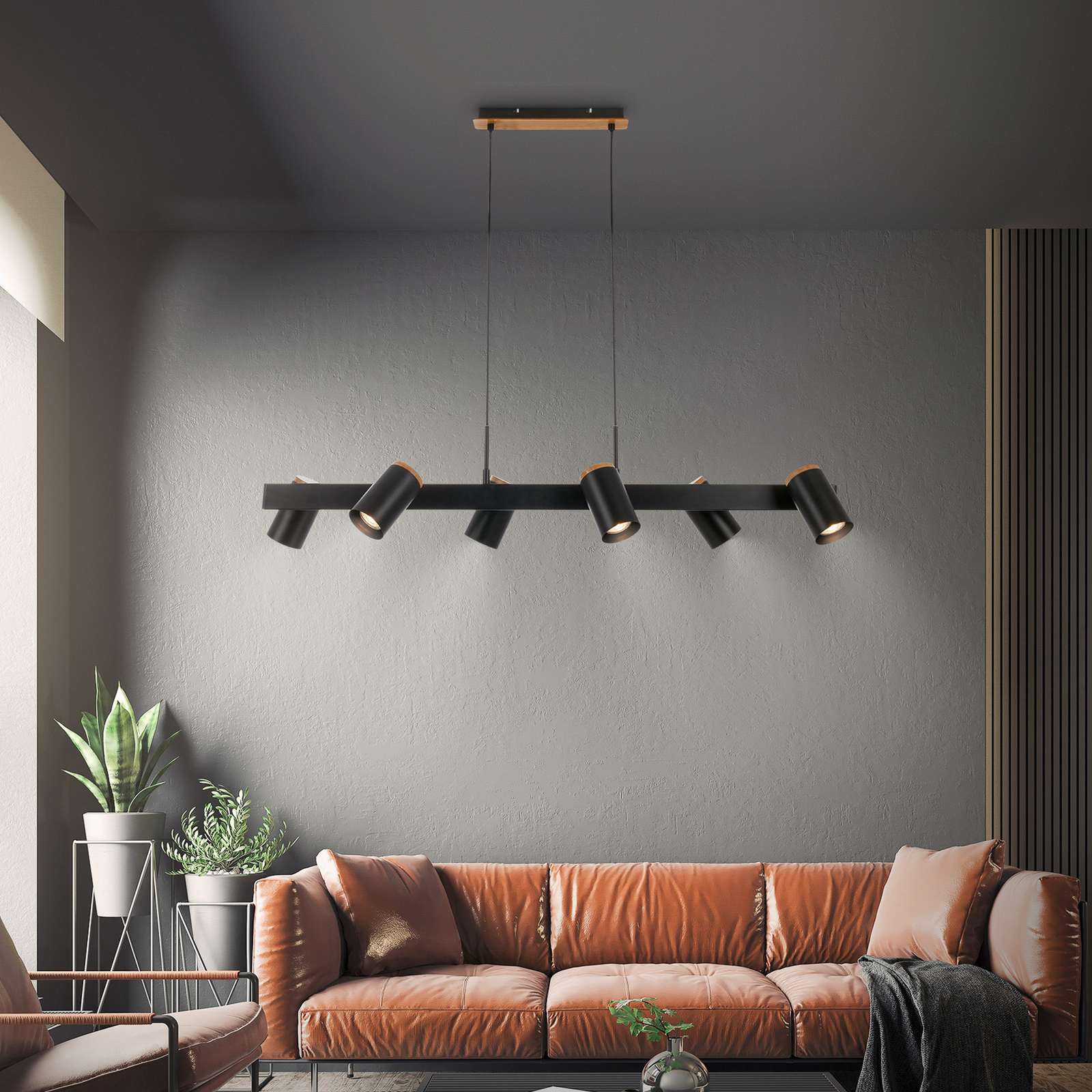 Závěsné světlo Duta, délka 110 cm, černá matná, kov 6-ramenné.