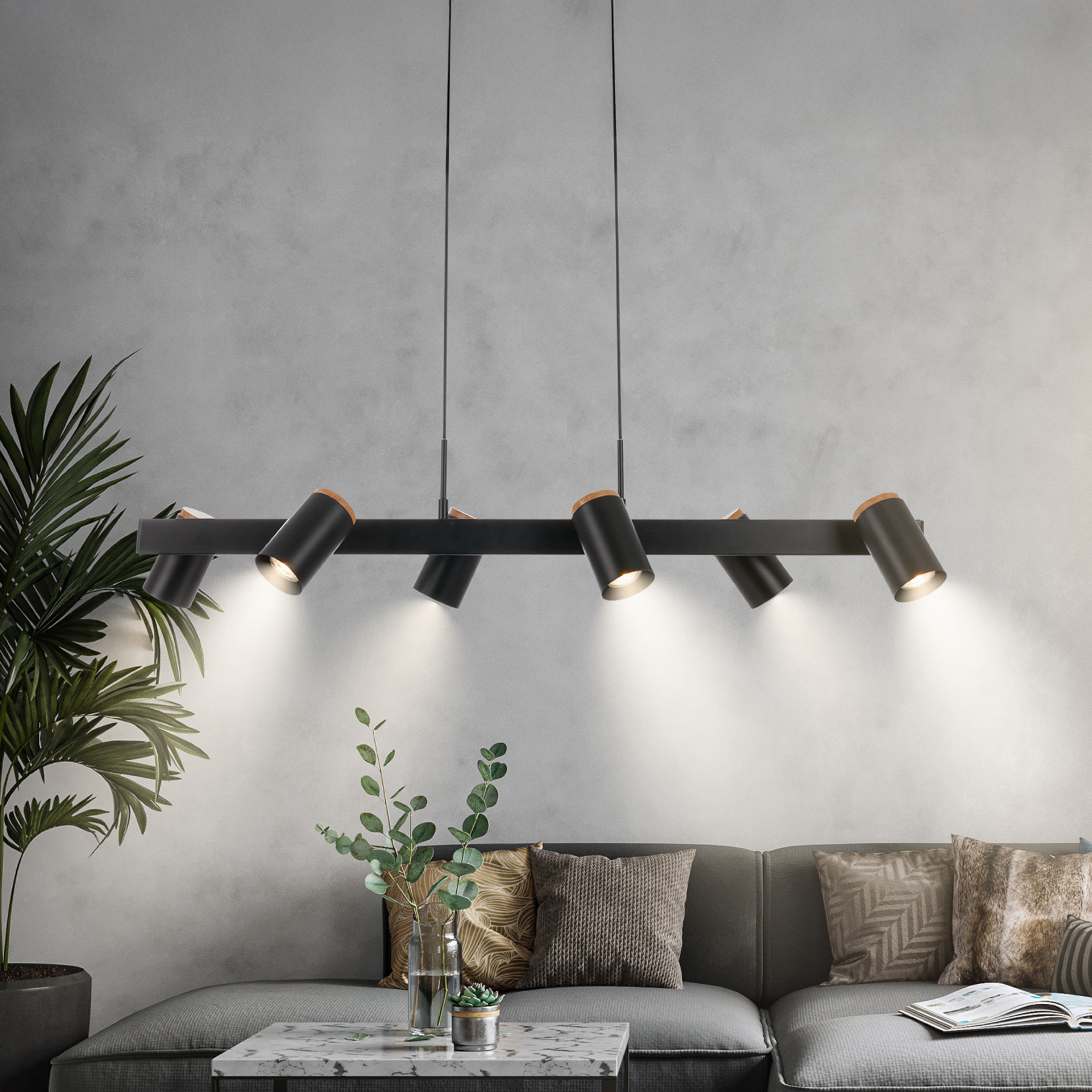 Hängeleuchte Duta, Länge 110 cm, schwarz matt, Metall 6-flg.