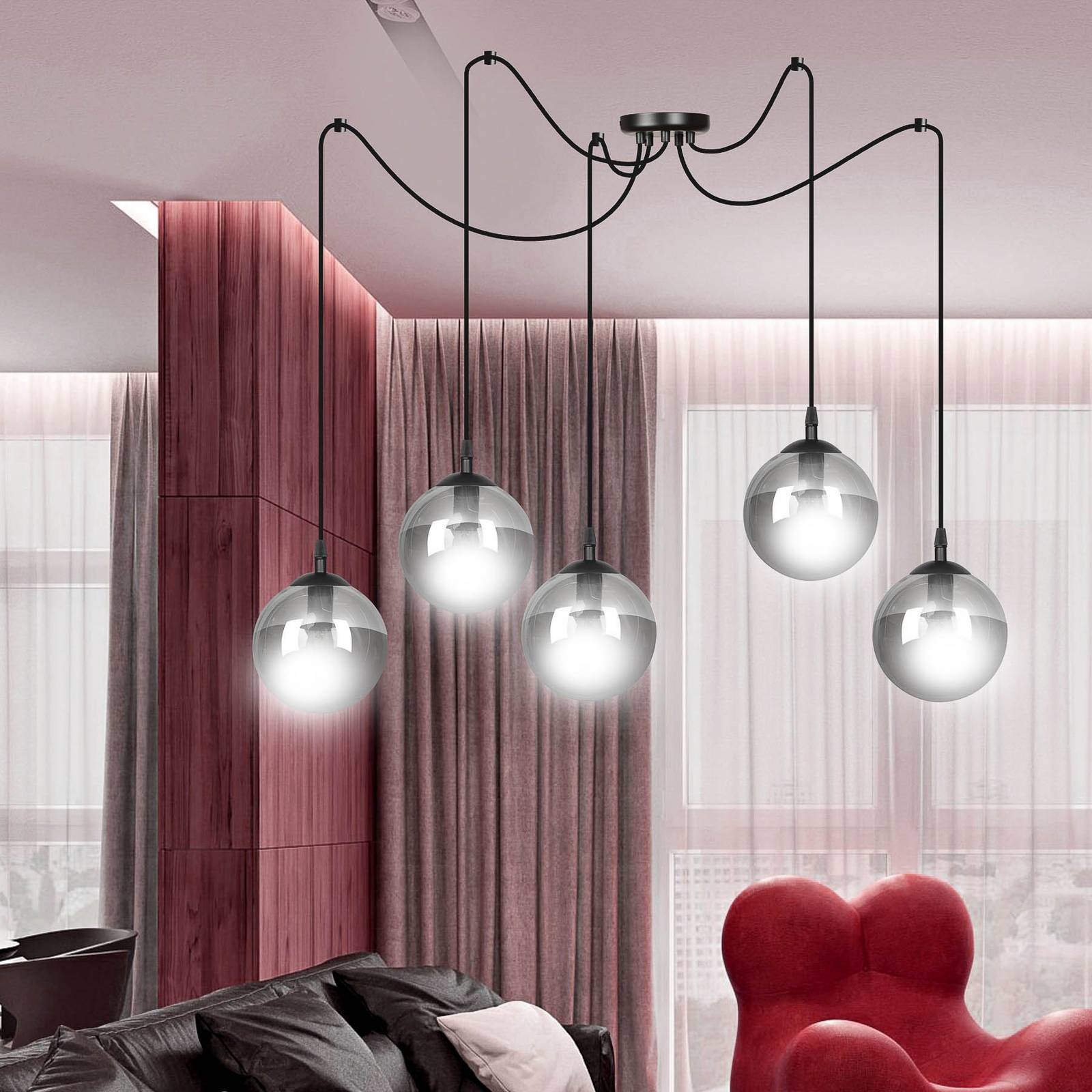 Lampa wisząca Glassy, 5-punktowa, zdecentralizowana, czarna, grafitowa