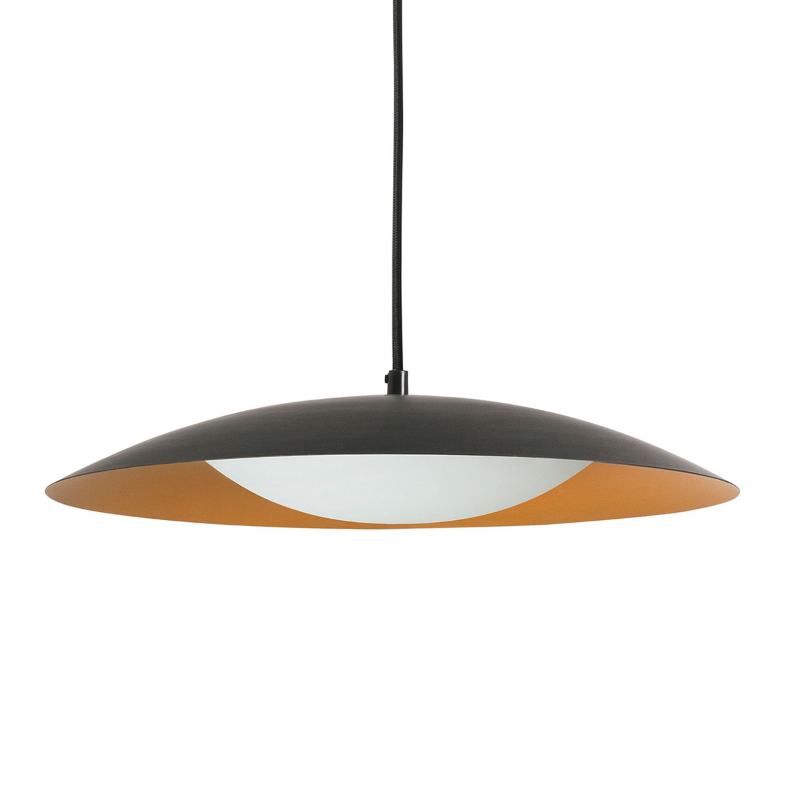 FARO BARCELONA Slim LED hanging light, 1-bulb in black and gold, for Living / Dining Room, metal, opal glass, 20 W, energy efficiency: A+