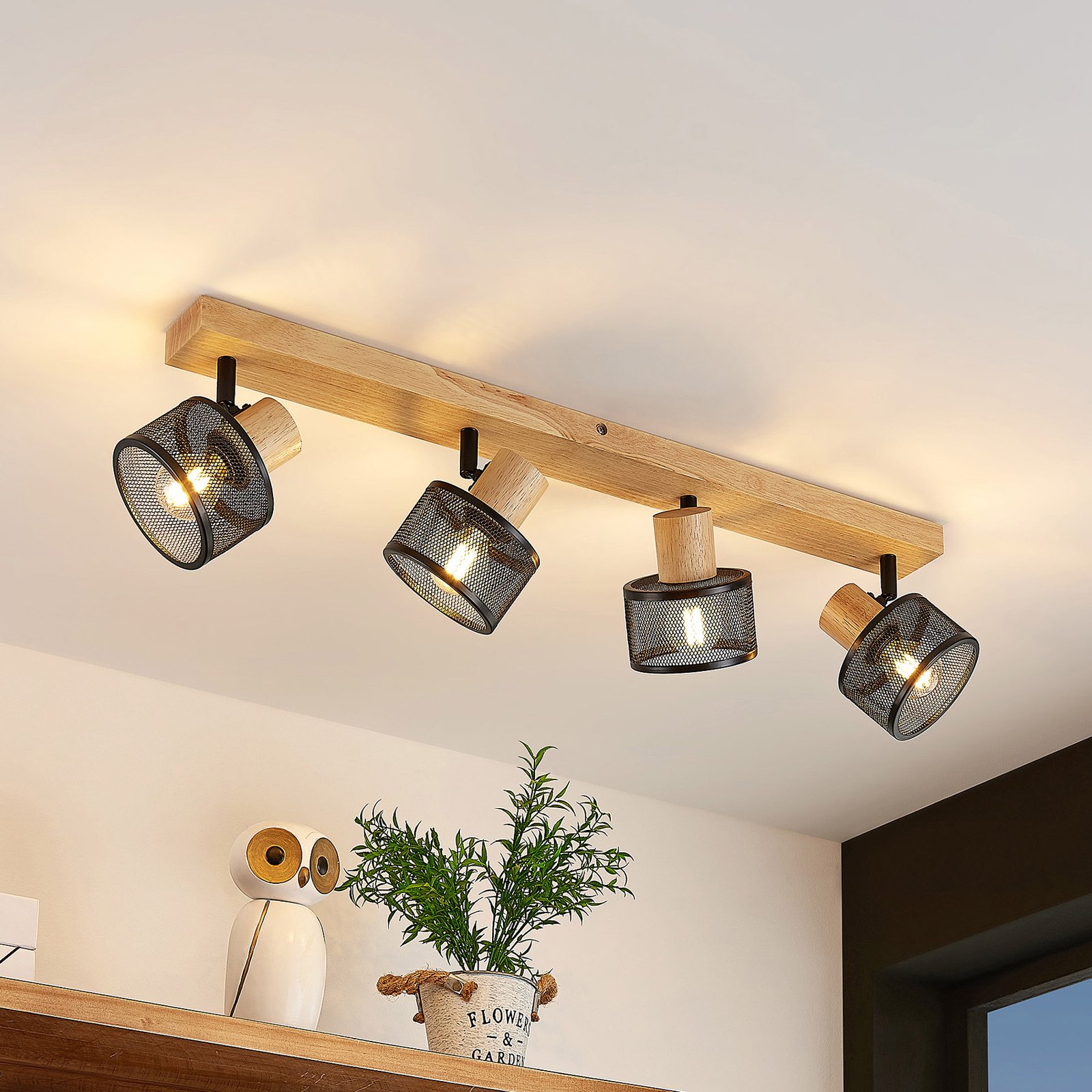 Lindby Evinora ceiling spotlight, wood, 4-bulb