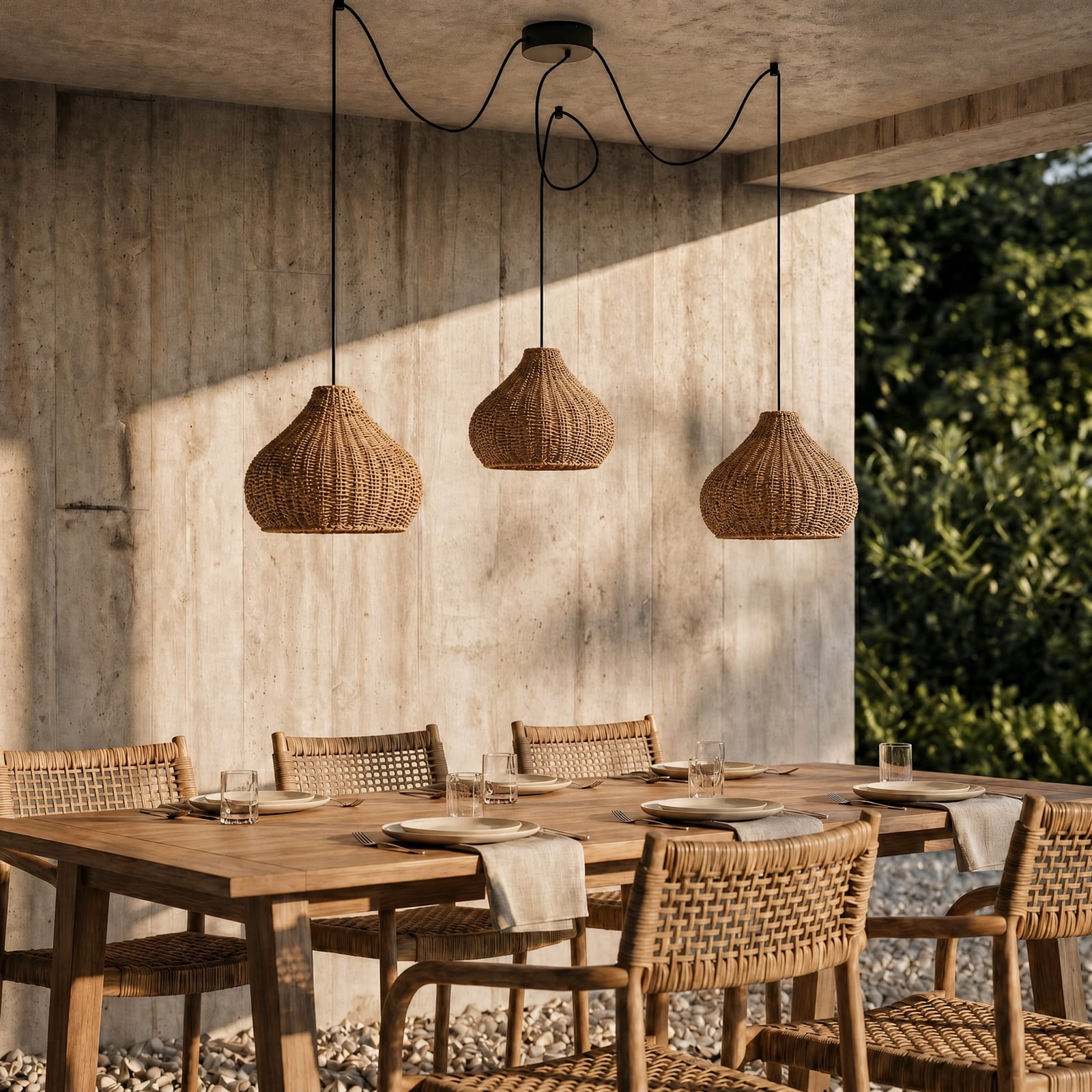 Lucande Außenhängelampe Taniola, 3-flg., beige, Rattan, IP44