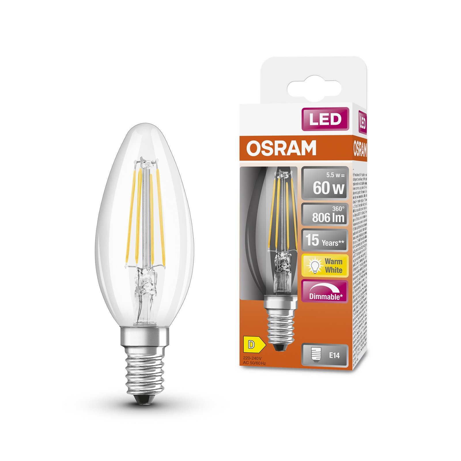 OSRAM Classic LED candela E14 5,5W 827 filamenti