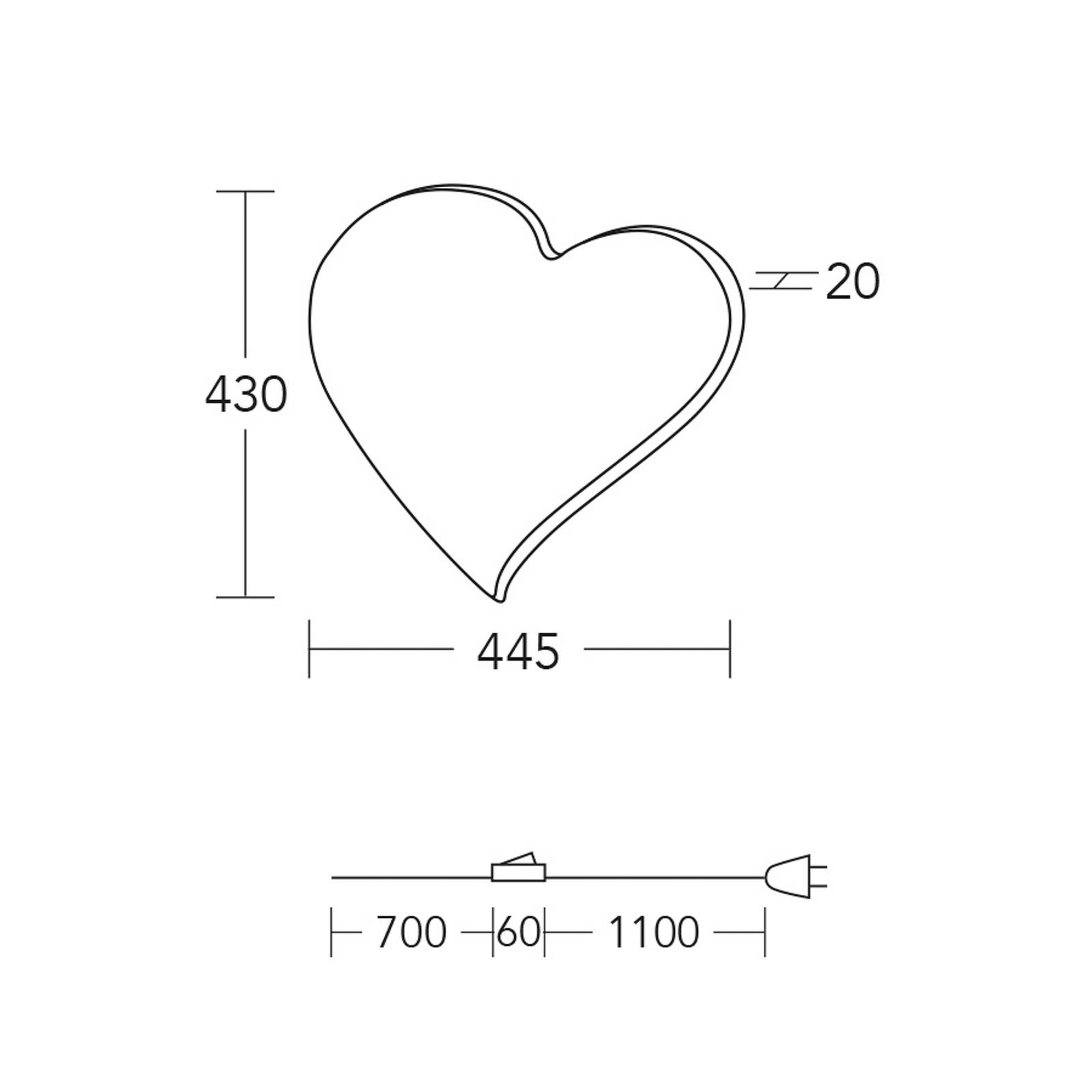 HerzBlut Applique murale LED Cœur midi, 43 cm, bois, connecteur