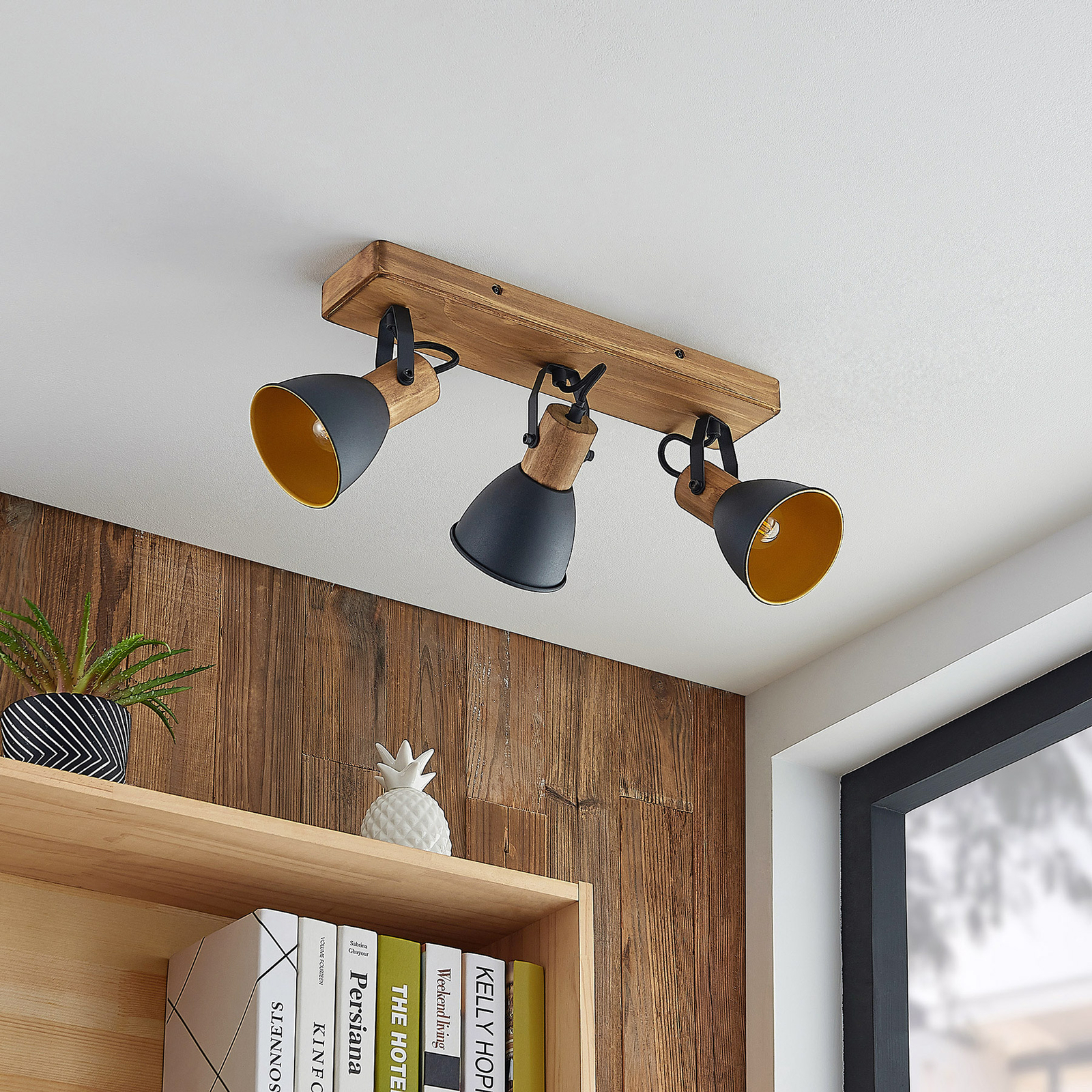 Lindby Merela spotlight, wood, black, three-bulb