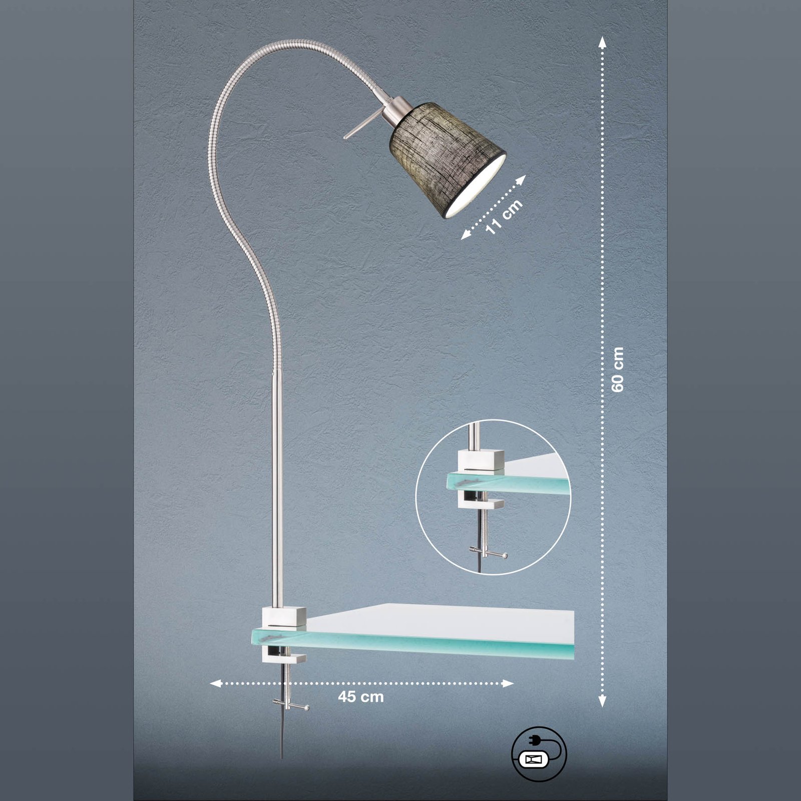 Jam clip-on light, linen lampshade, nickel/grey