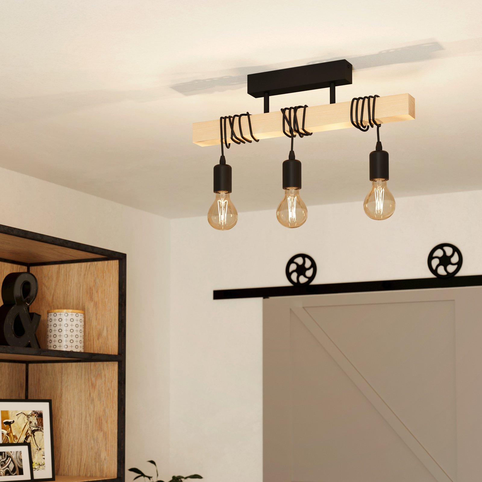 Candeeiro de teto de madeira Townshend, 3 luzes preto