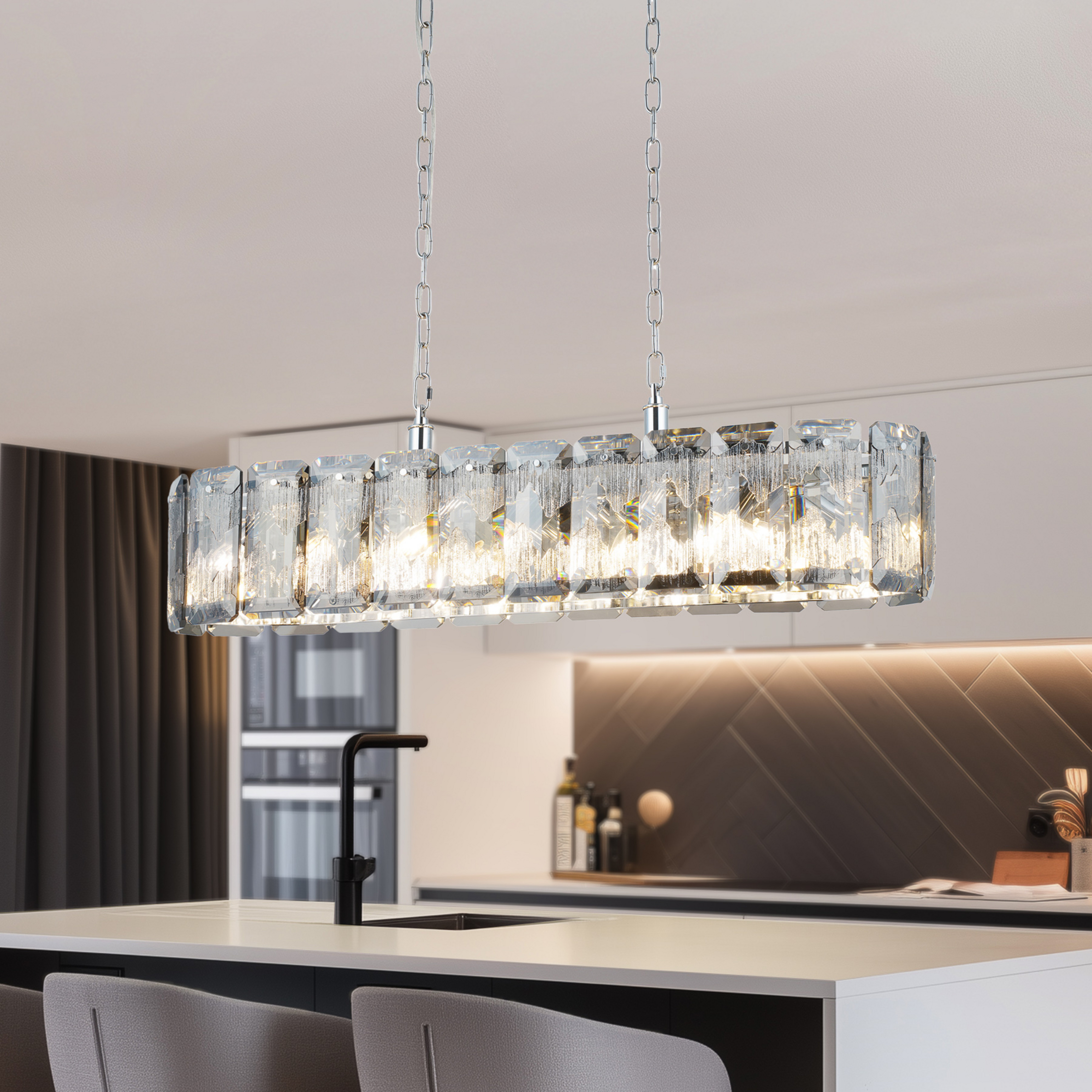 Lampadario Orvin, lineare, cromo, 16 luci, lunghezza 96 cm, vetro