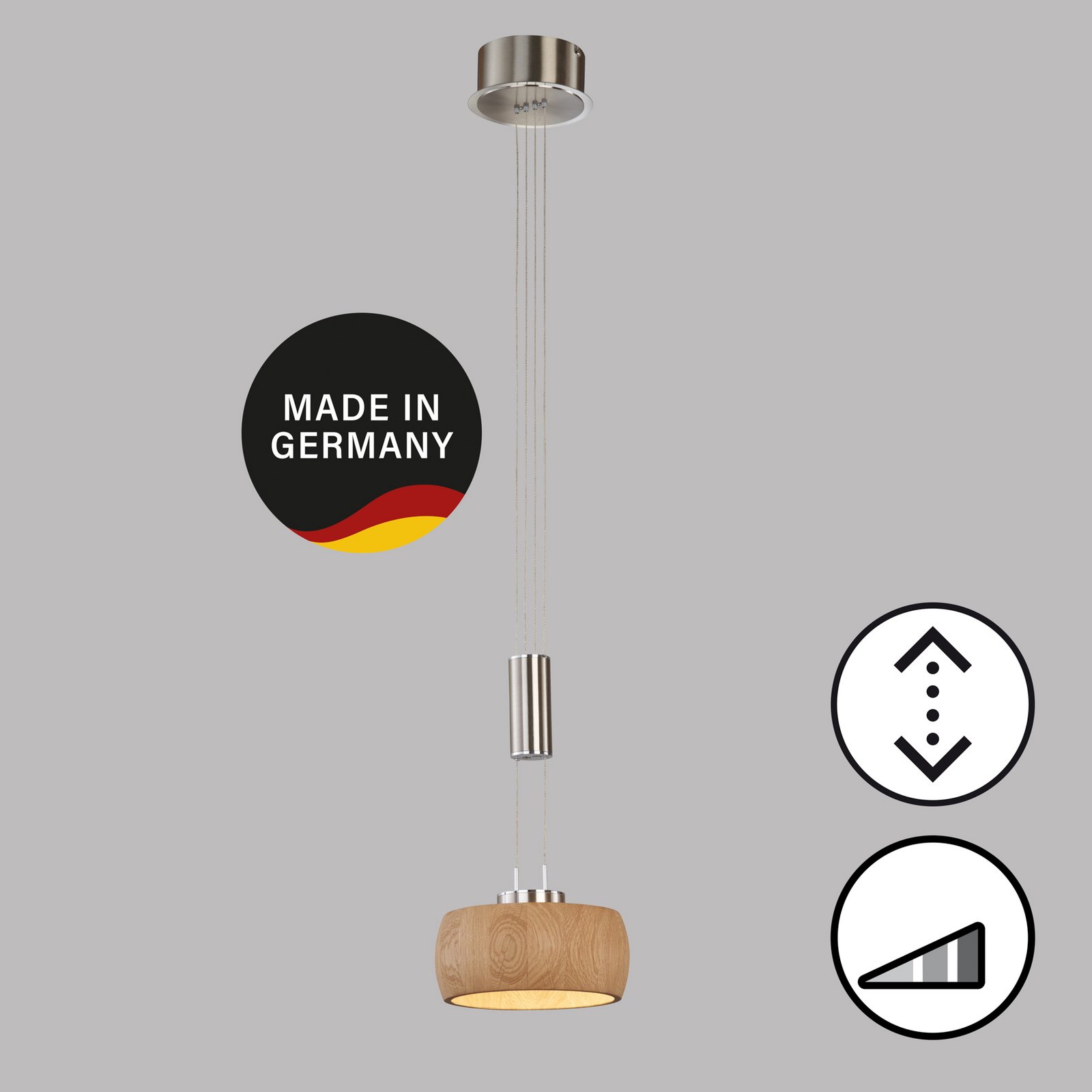 Lampă suspendată LED Shine-Wood, lemn de stejar/nichel, Ø 21 cm, dimabil