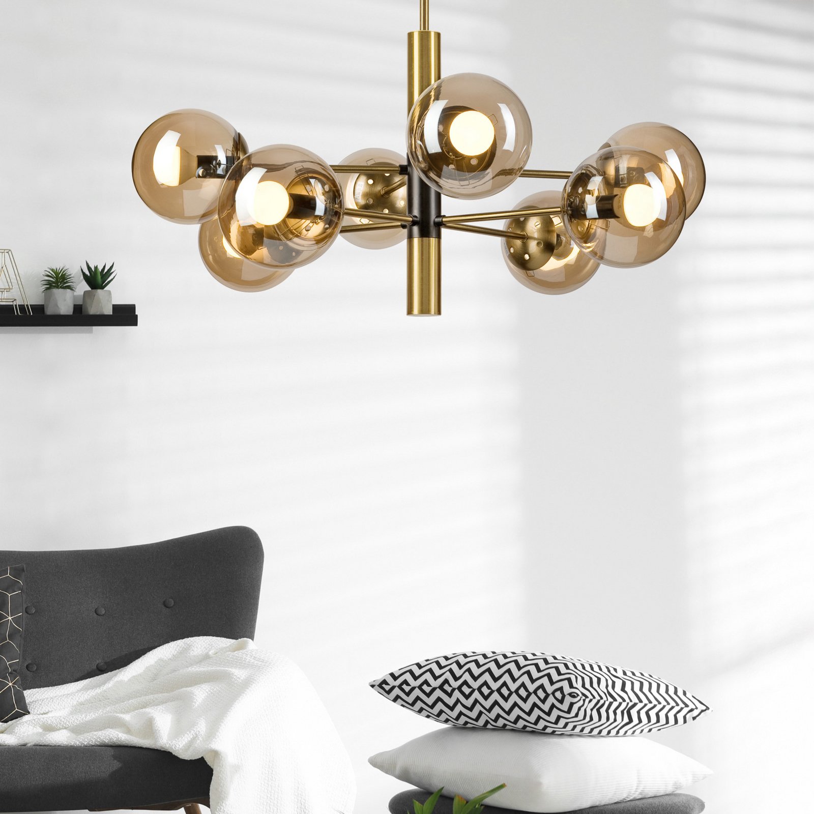 Natalia ceiling lamp, gold-coloured, Ø 68 cm, glass, 8-bulb, E14