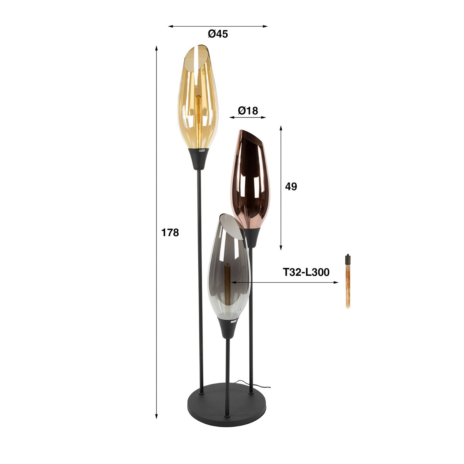 Stehlampe Mixture, 178 cm, multicolor, 3-flammig Glas/Metall