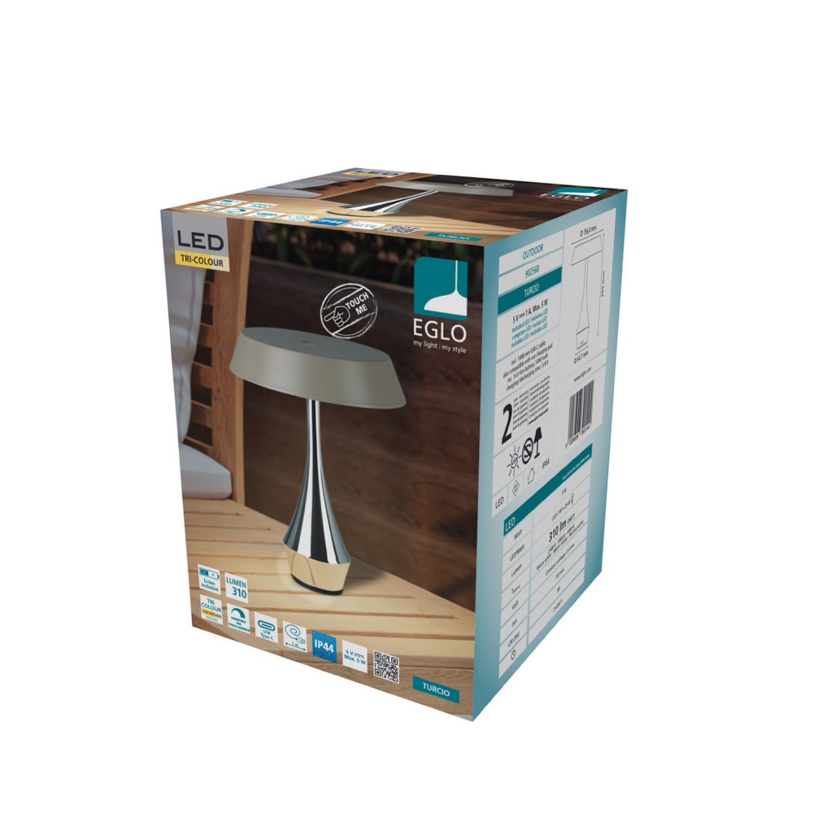 EGLO LED tafellamp met oplaadbare batterij TURCIO, chroom/beige, 20 cm, IP44,