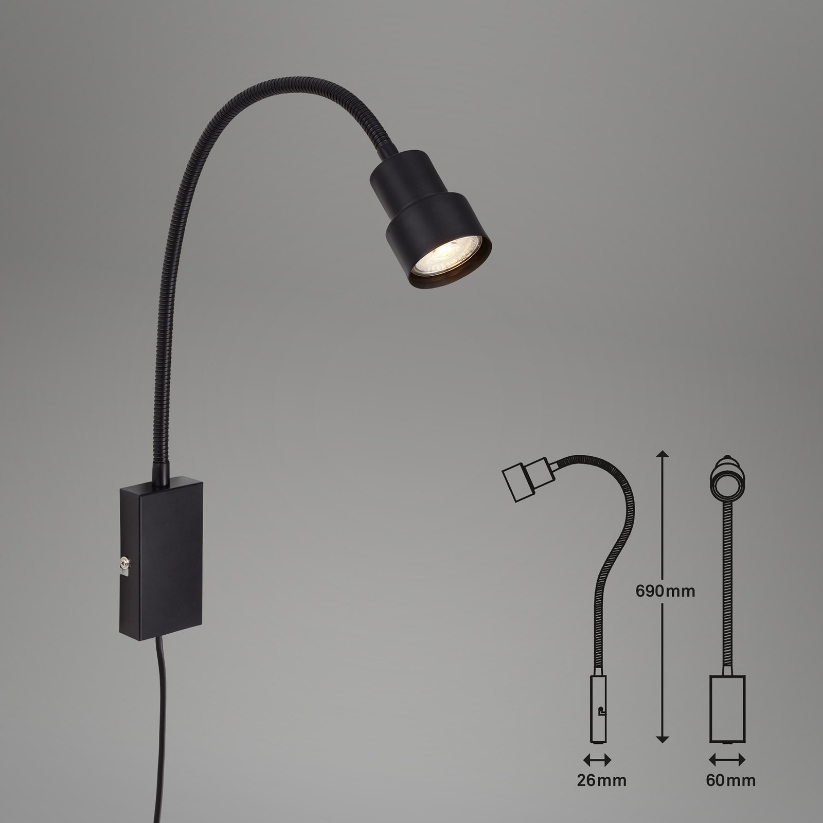 "Tusi" LED sieninis šviestuvas su lanksčia rankena, juodas