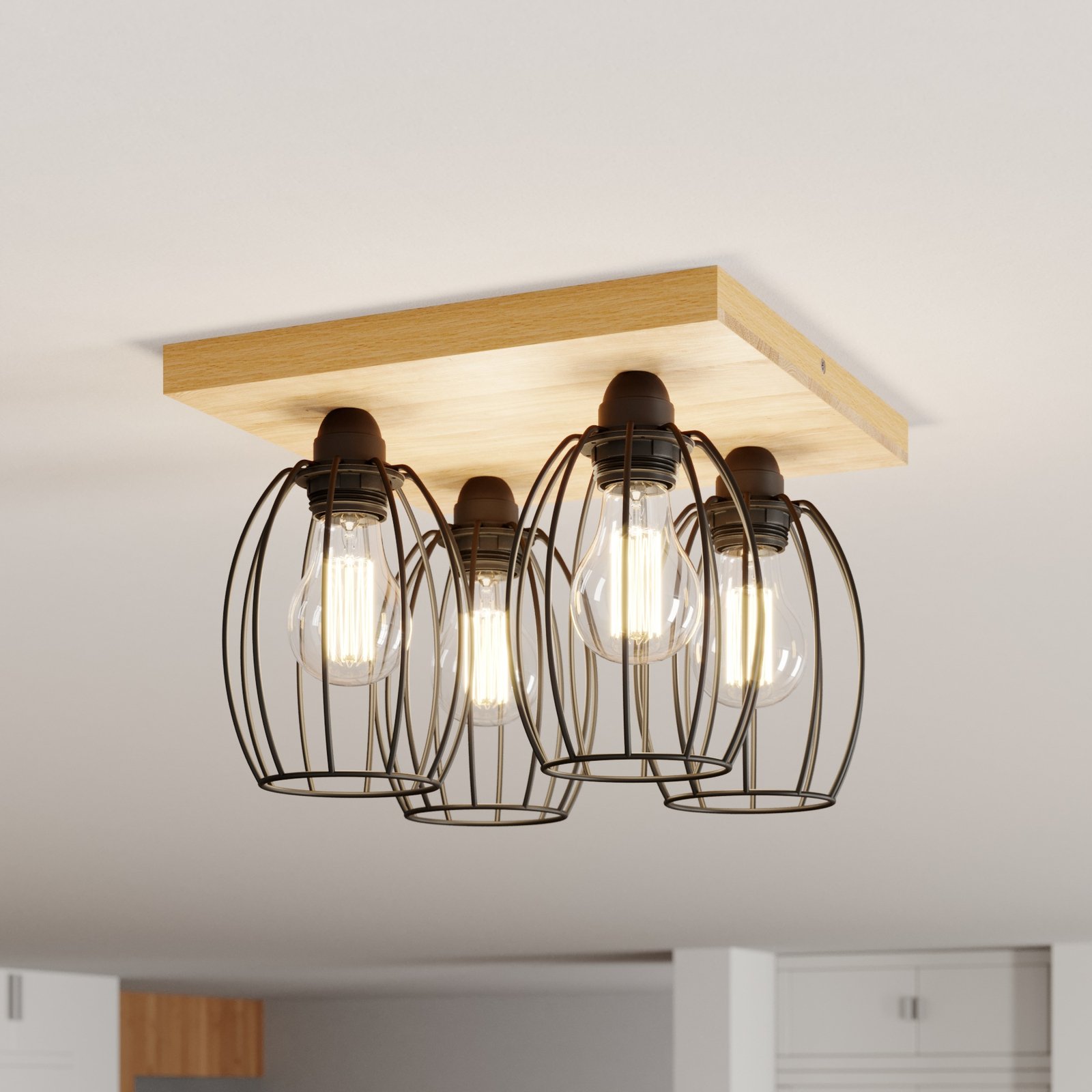 Lámpara de techo Beevly, madera y metal, 4 luces