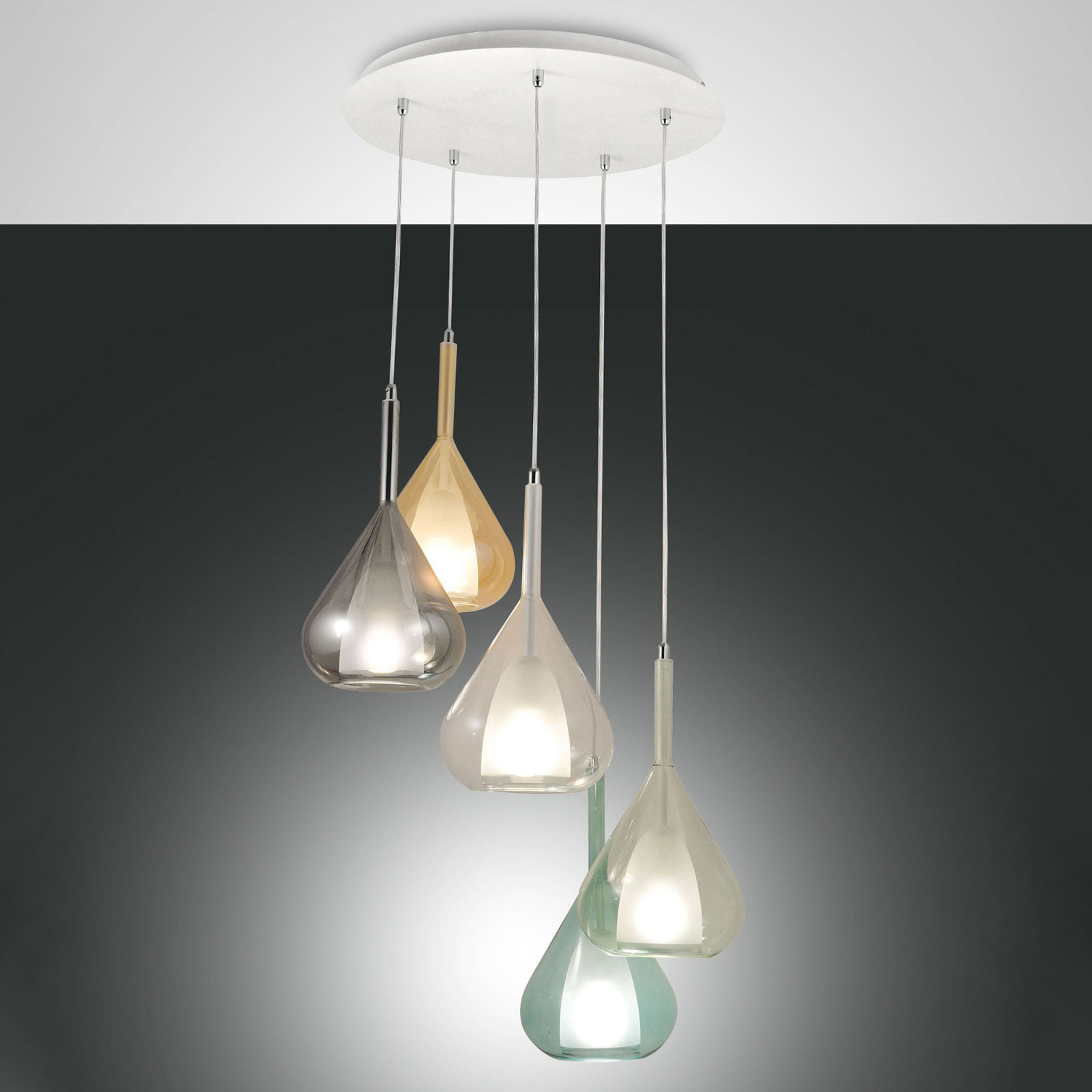 Hanglamp paars, 5-lamps, rookgrijs/amber/helder/groen/blauw