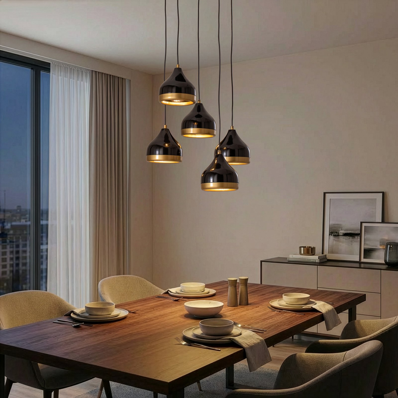 Hengelampe Yildo, 5 lyskilder, rund, svart/gull, Ø43 cm Hengelampe Yildo, 5 lyskilder, rund, svart/gull, Ø43 cm