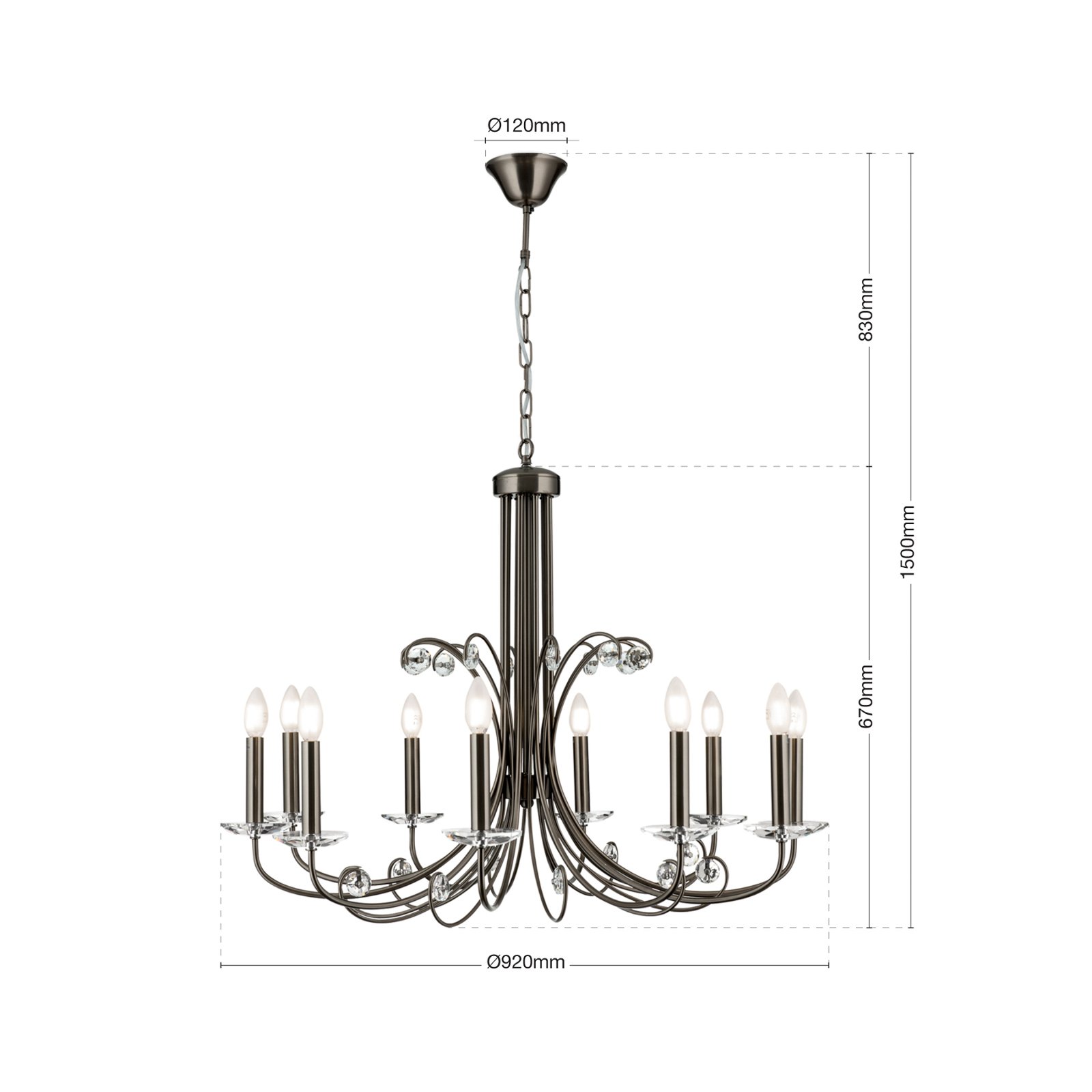 Candelabru Ariane, nichel, Ø 92 cm, cristal, 10 becuri.