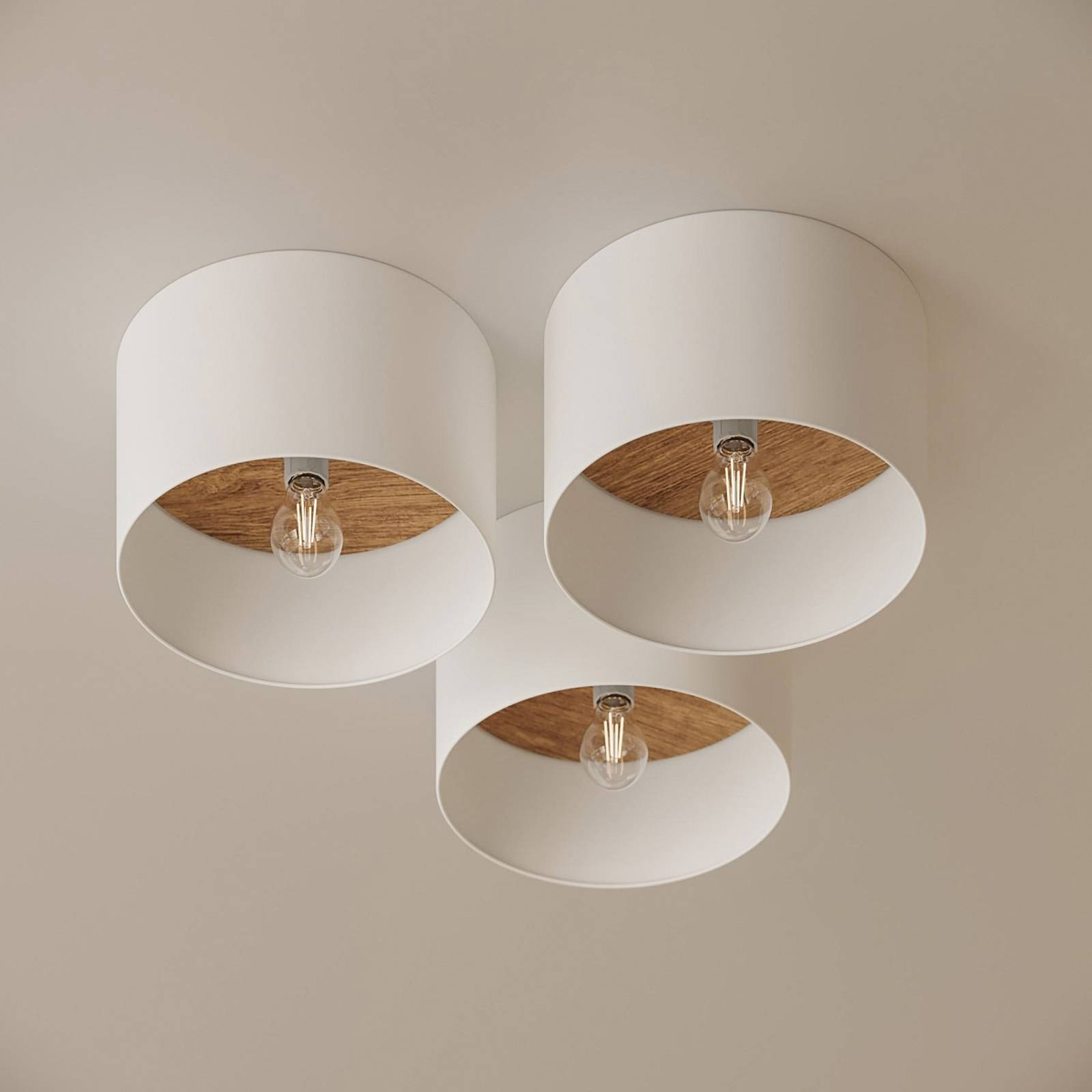 Lampa sufitowa Telesto, biała, Ø 35 cm, tkanina, drewno, stal