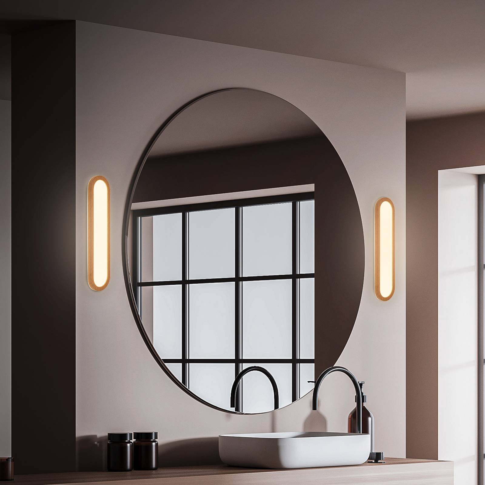 LED-Bad-Wandlampe Pil, holzfarben, Breite 35 cm, Kunststoff günstig online kaufen