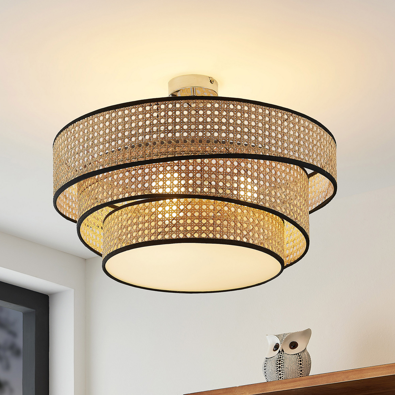 Lucande Elowen plafonieră Ø 56 cm rattan bambus - Camera de zi / sufragerie - lemn deschis crom - Bamboo