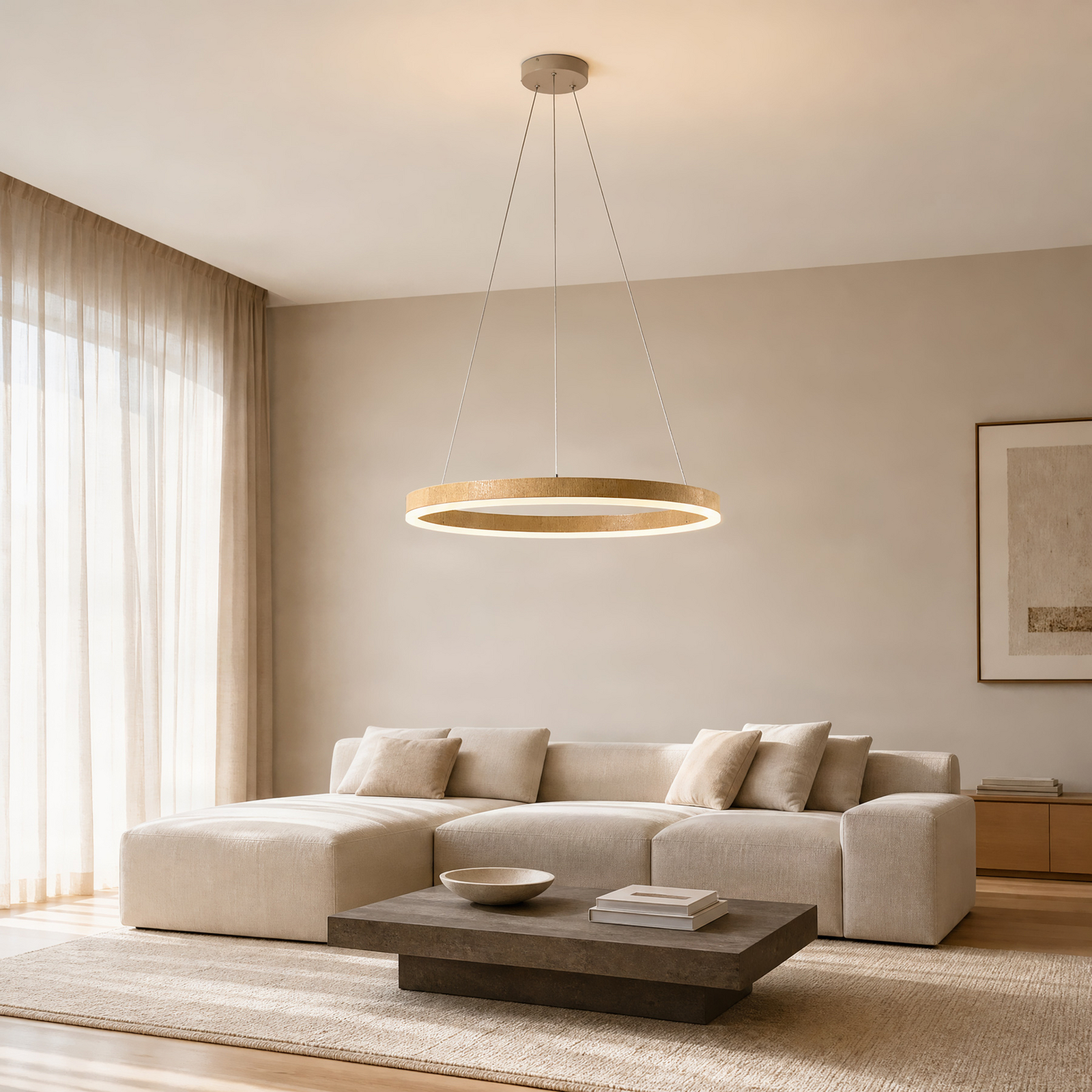 Suspension LED Thelma, chêne naturel/gris, Ø 70 cm - Lucande Suspension LED Thelma, chêne naturel/gris, Ø 70 cm - Lucande