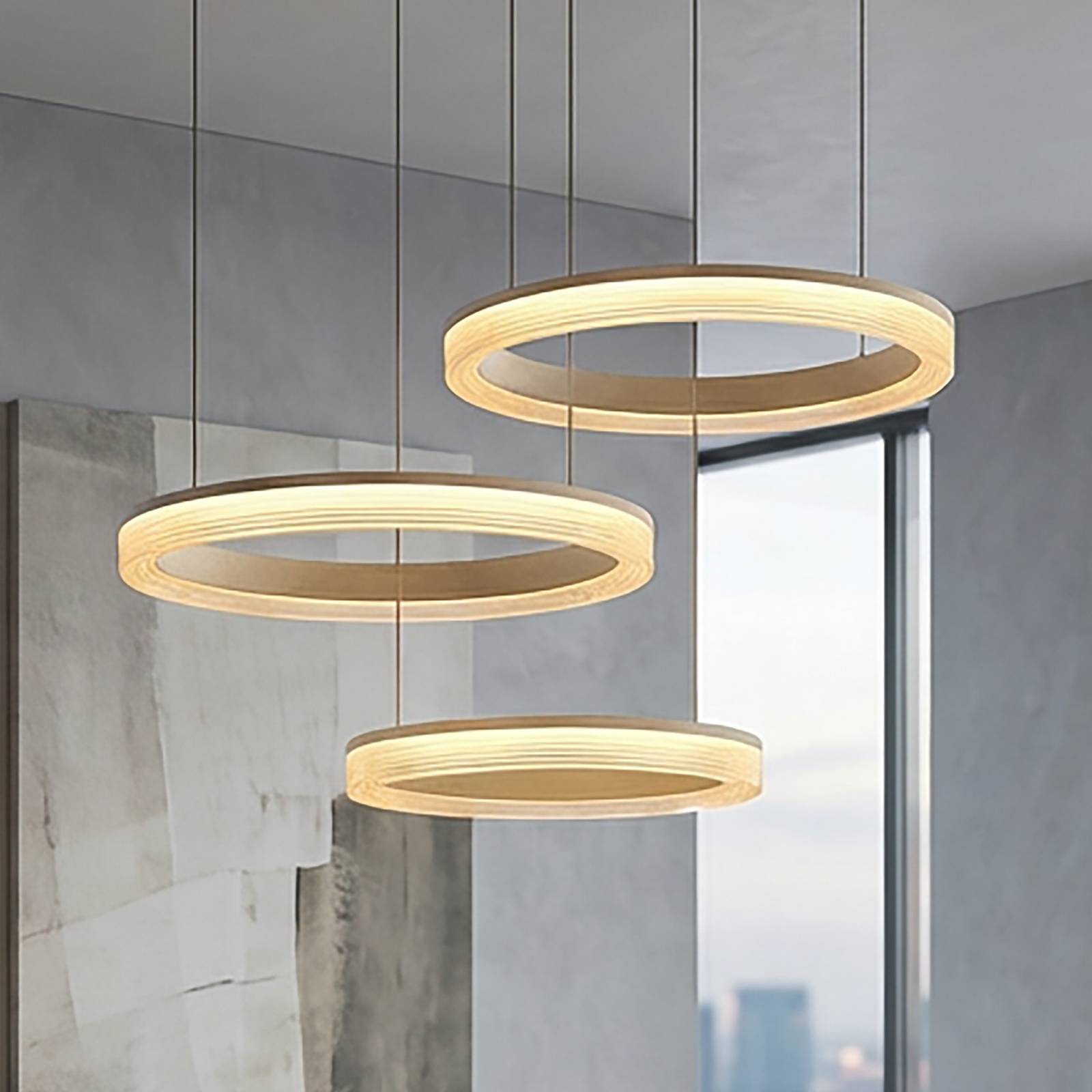 Żyrandol LED Lumen Rings 3-punktowy, kolor piaskowy, CCT, żelazo, ściemniany