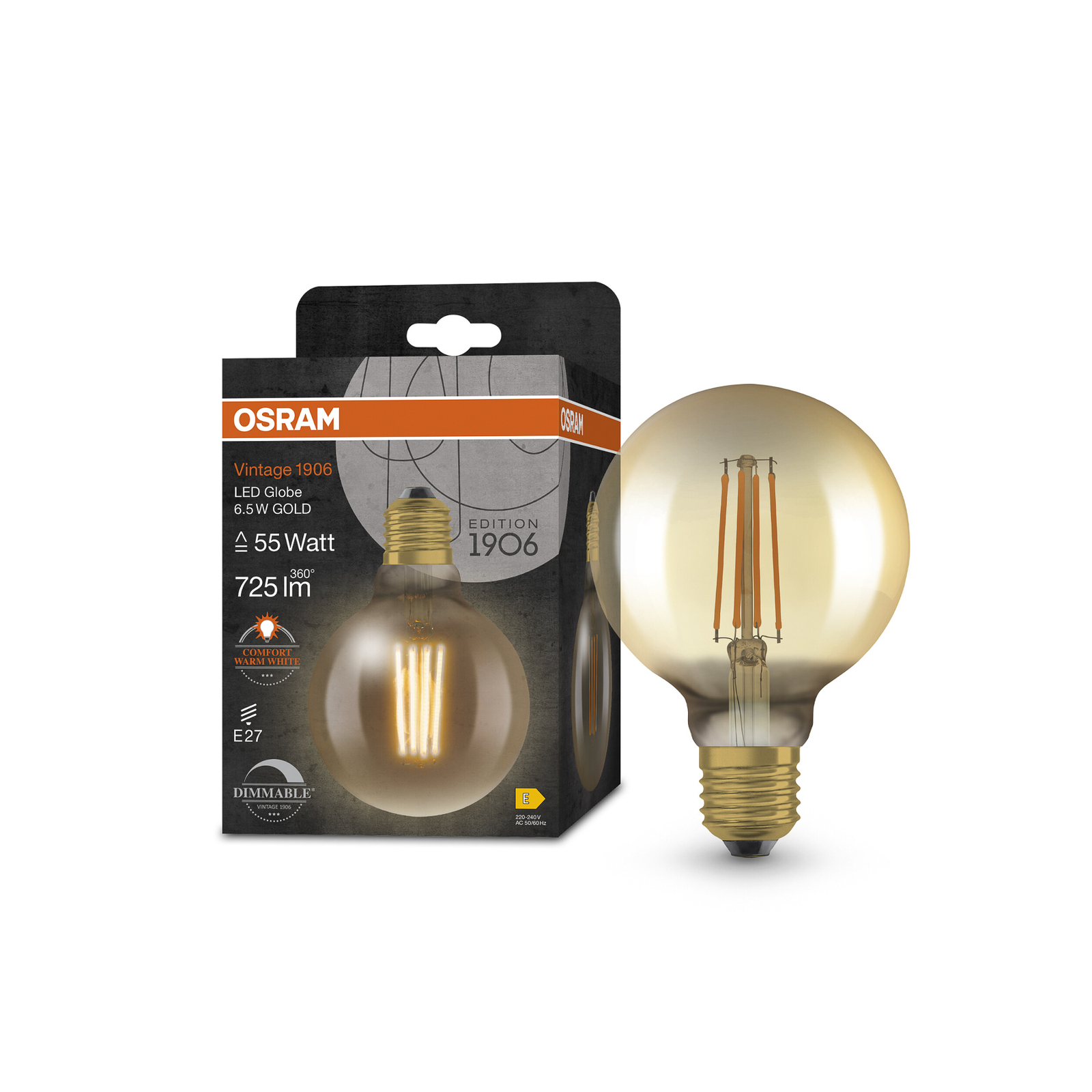 OSRAM LED Vintage 1906, G95, E27, 6.5 W, gold, 2,400 K, dimmable.