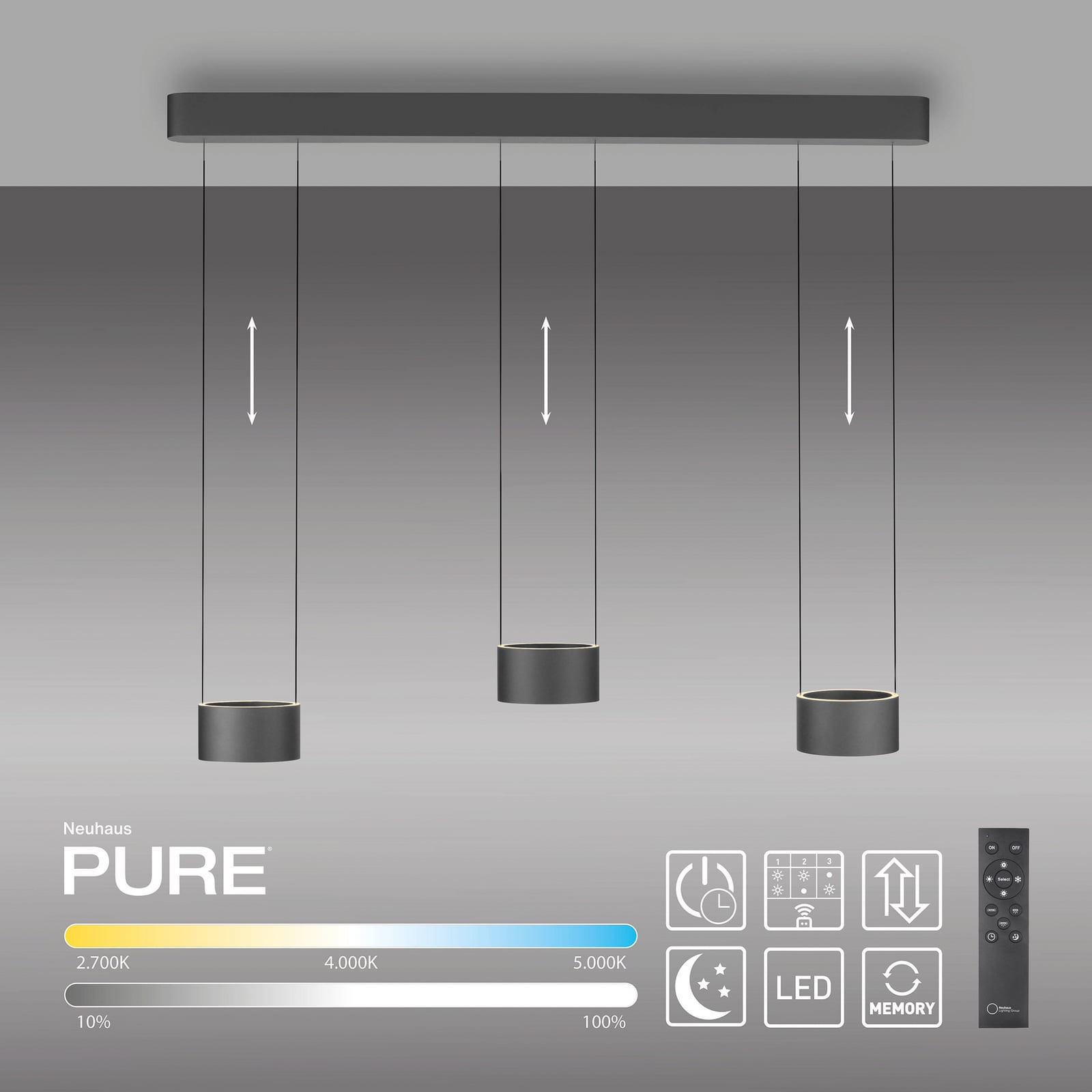 Clipse LED-Hängelampe, grau, Länge 110cm, CCT, 6-flg. - PURE Clipse LED-Hängelampe, grau, Länge 110cm, CCT, 6-flg. - PURE