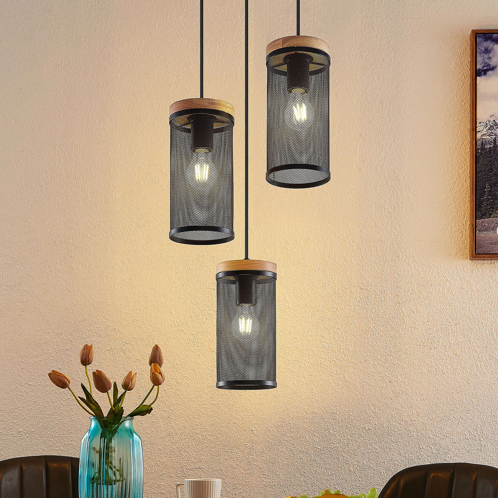 Lindby Kiriya hanglamp, 3-lamps, rond