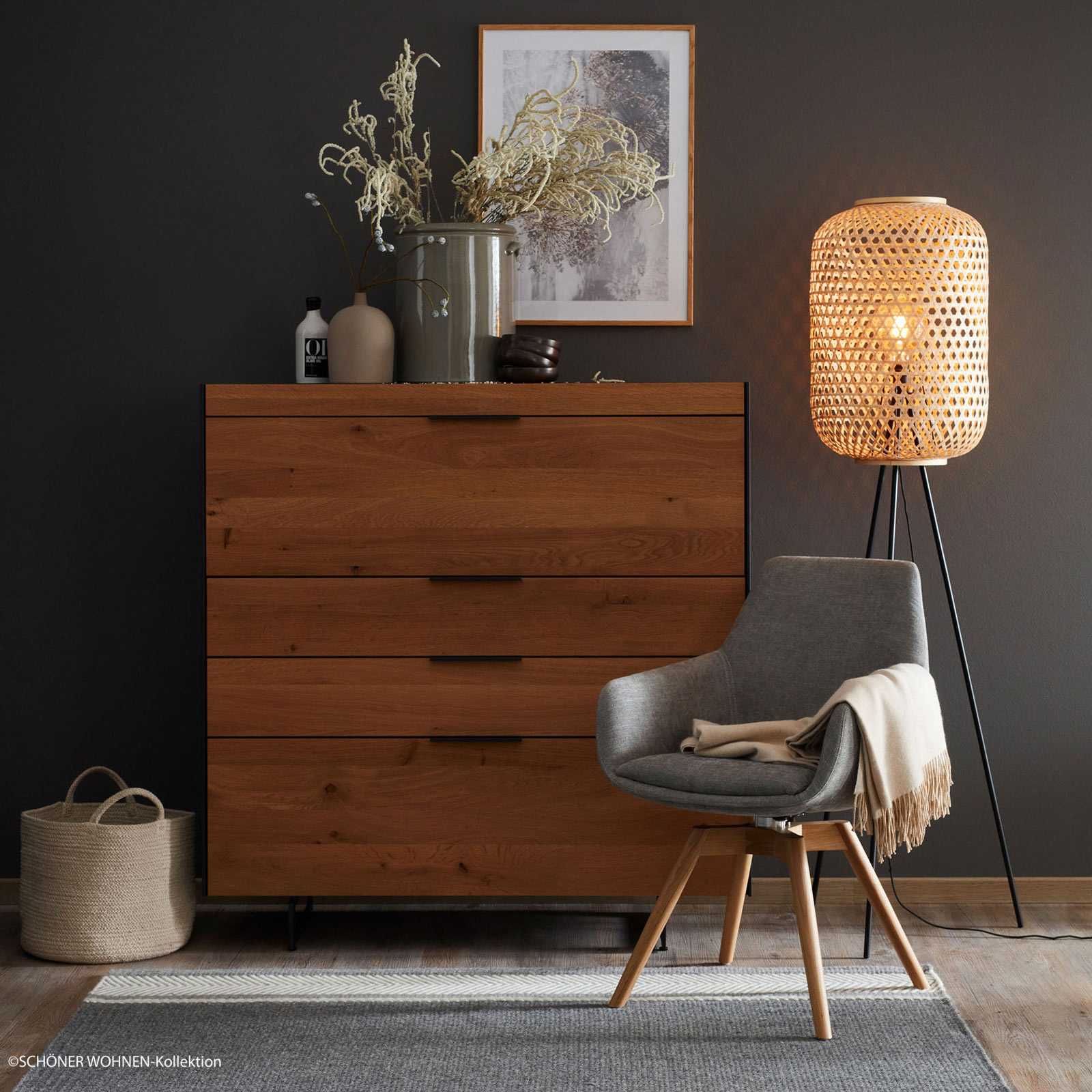 SCHÖNER WOHNEN Schöner Wohnen Calla floor lamp tripod, natural, for Living / Dining Room, rattan, metal, E27, 40 W, energy efficiency: A++, H: 165 cm