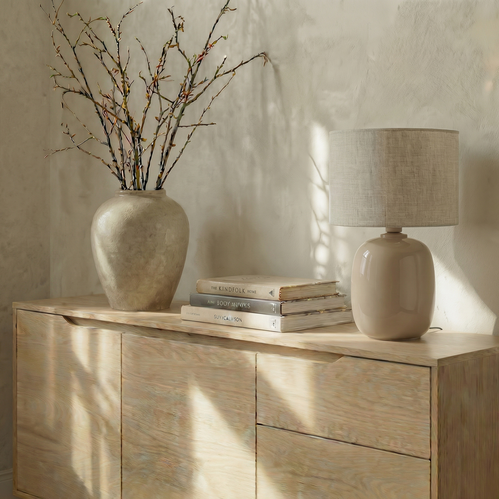 Tafellamp Melody, zandkleurig, textiel, hoogte 48 cm, E27