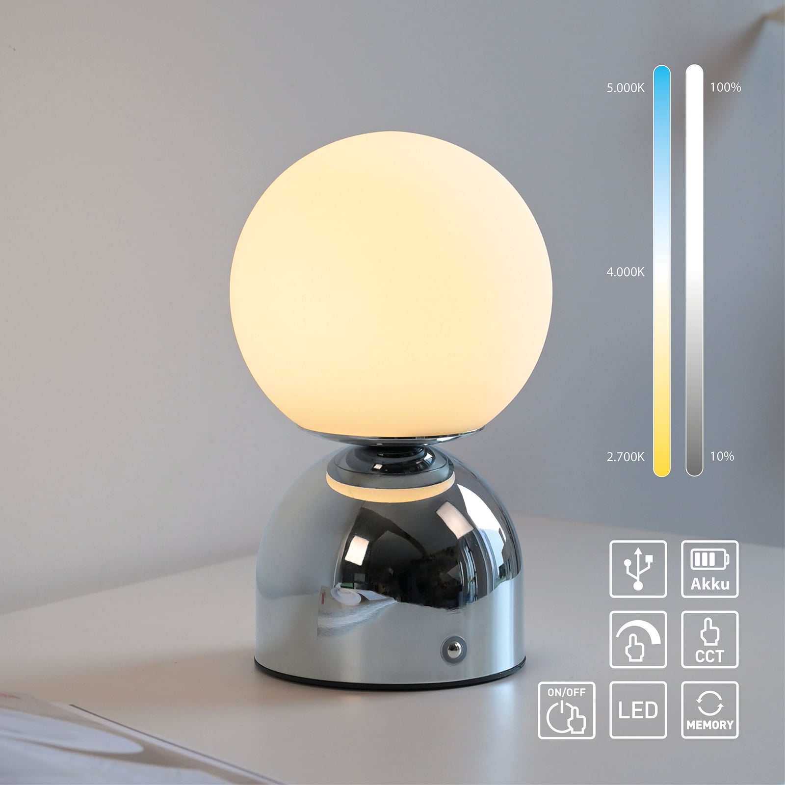 LED-akutoitel laualamp RUDI, kroom, kõrgus 20 cm, CCT, puutetundlik hämardus