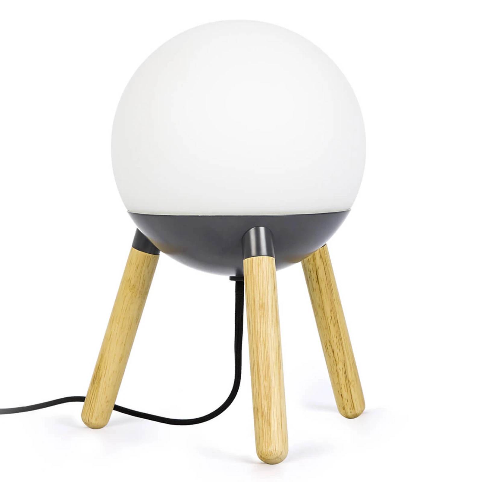 Lampe de table Mine, trépied, bois, verre, hauteur 30 cm
