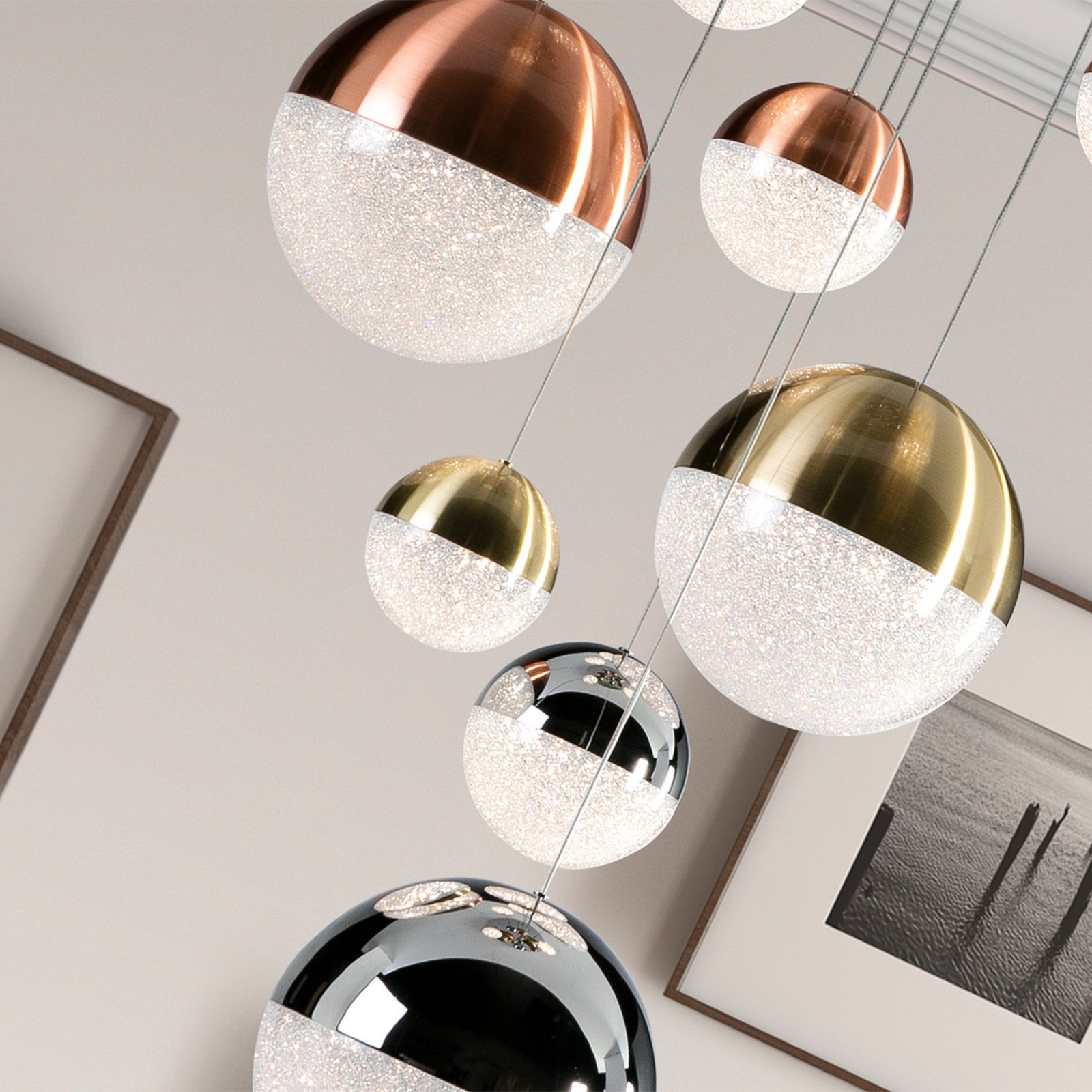 LED piekaramais apgaismojums Sphere, 9 gaismas, dimmējams, Ø 50 cm,