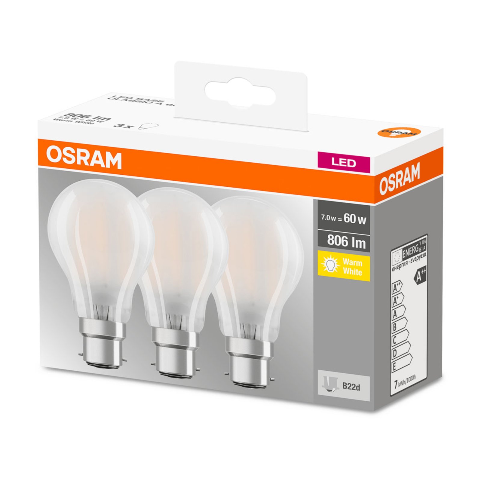 OSRAM LED-pære B22d Classic 827 6,5 W 3-pakk matt
