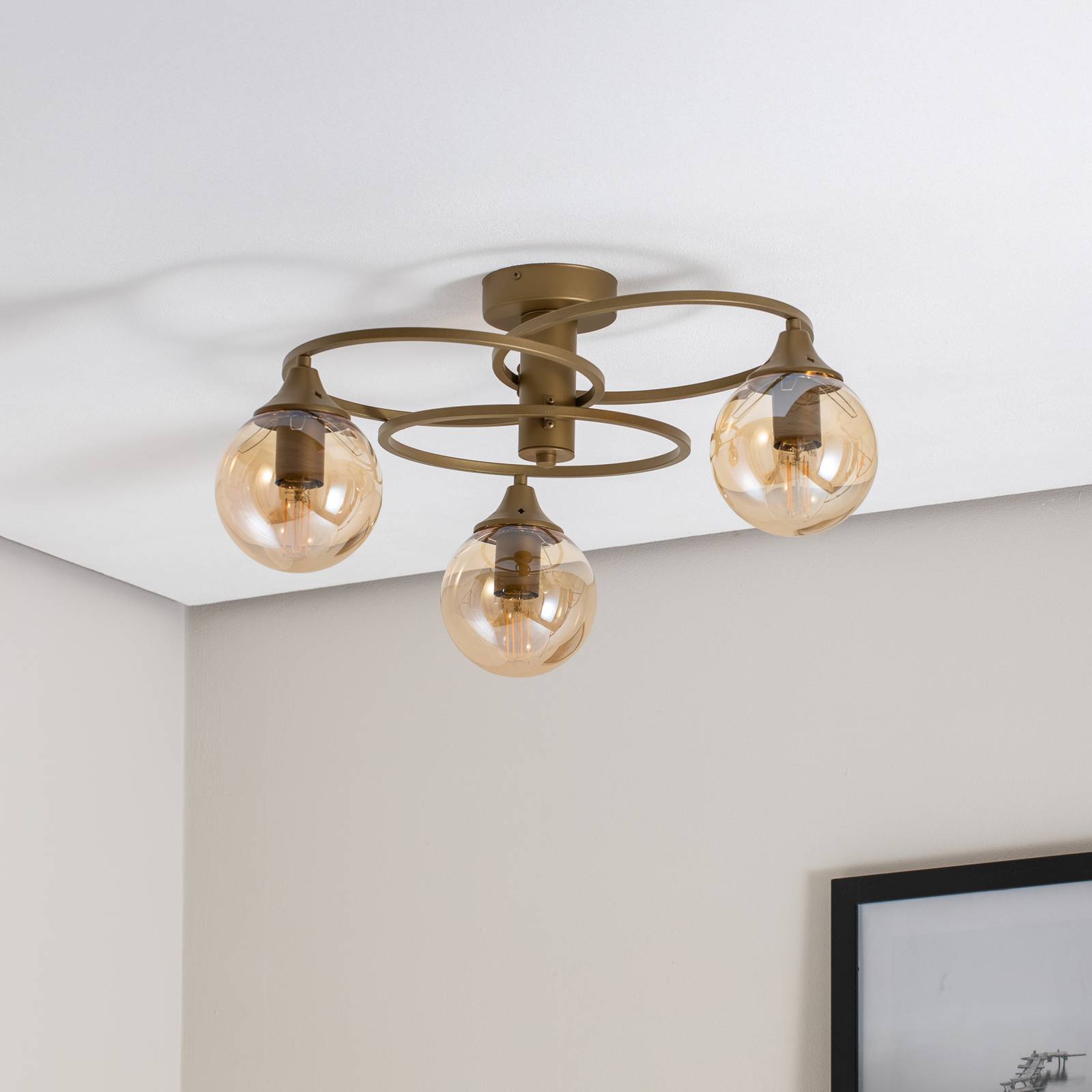 Lampa sufitowa Binah bursztyn/antyczne złoto 3-punktowa Ø 60 cm szkło/metal