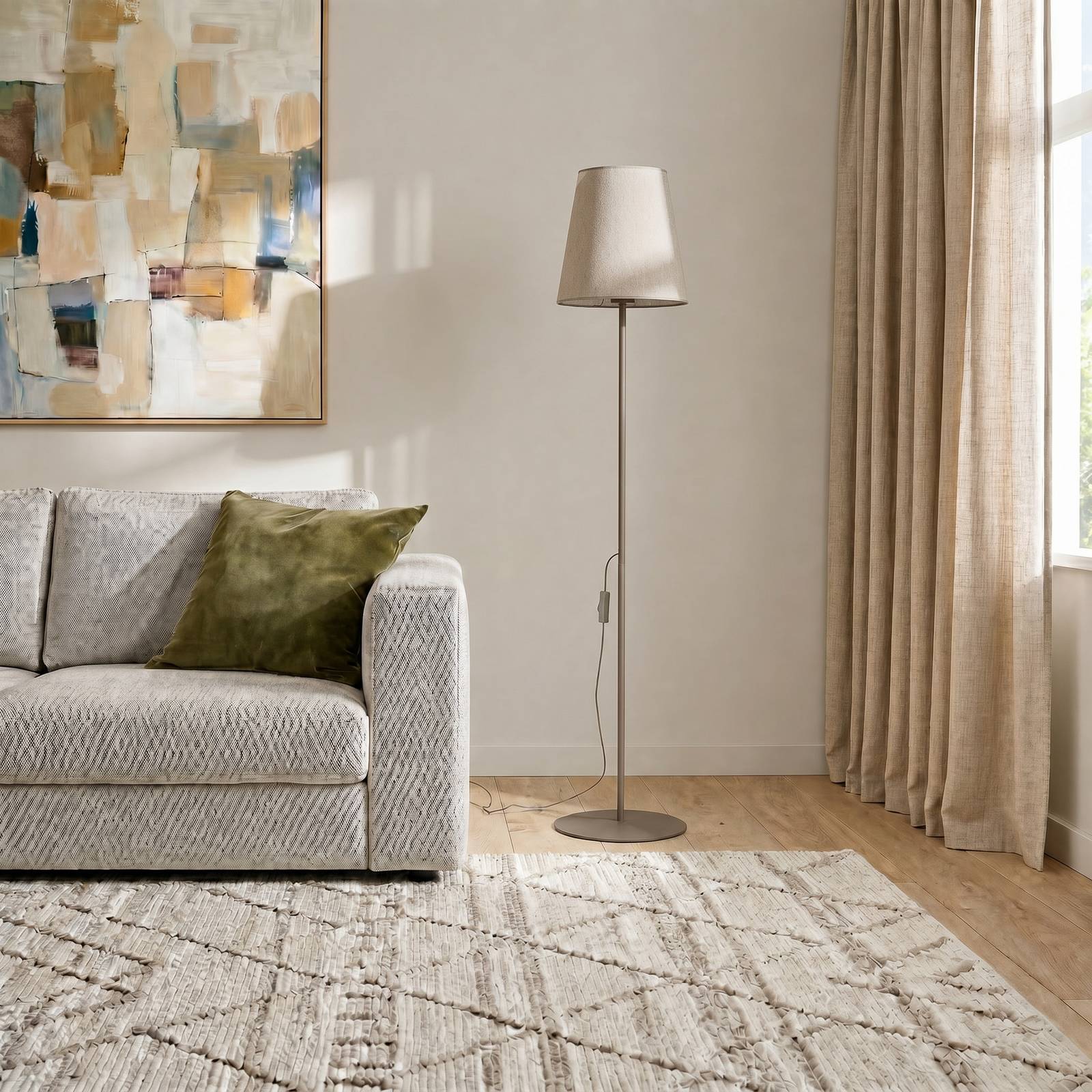 Lampa podłogowa Elizabeth, kolor piaskowy/beżowy, len, wysokość 152 cm, E27