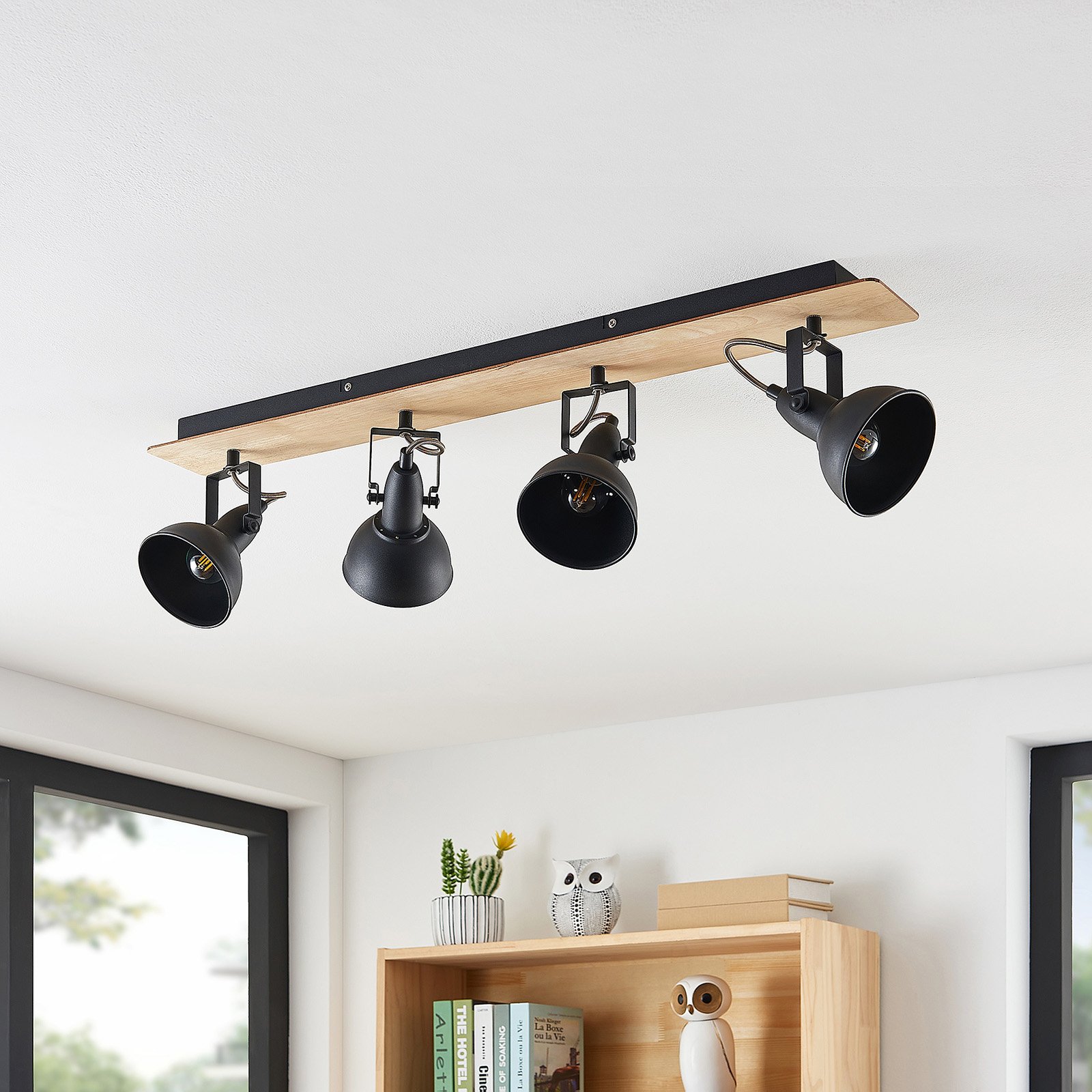 Lindby Aylis ceiling lamp, 4-bulb, 82 cm, black, wood, E14