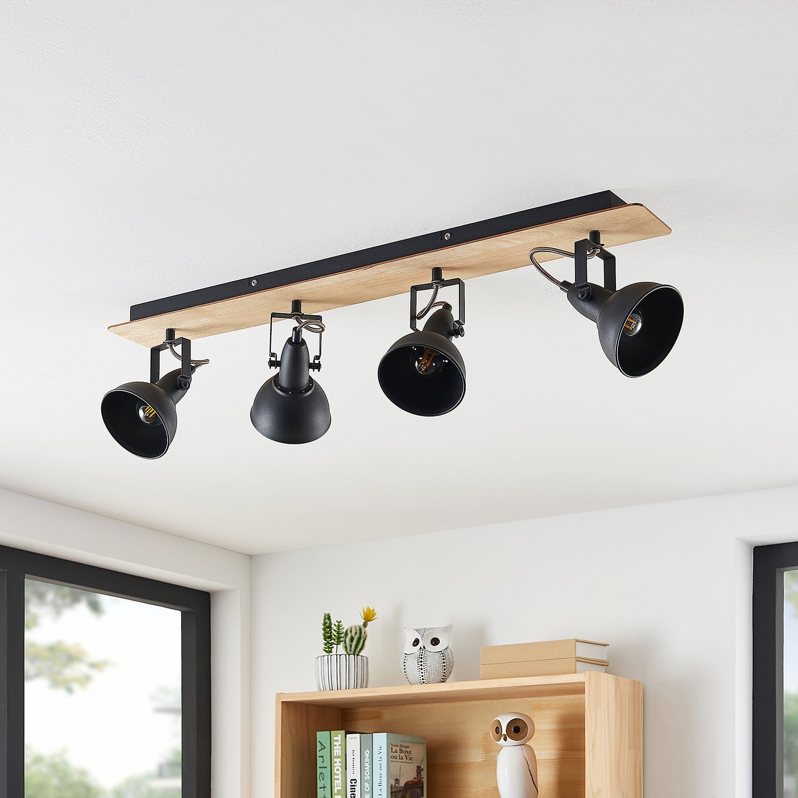 Lindby Aylis Deckenlampe, 4-flg., 82 cm, schwarz, Holz, E14