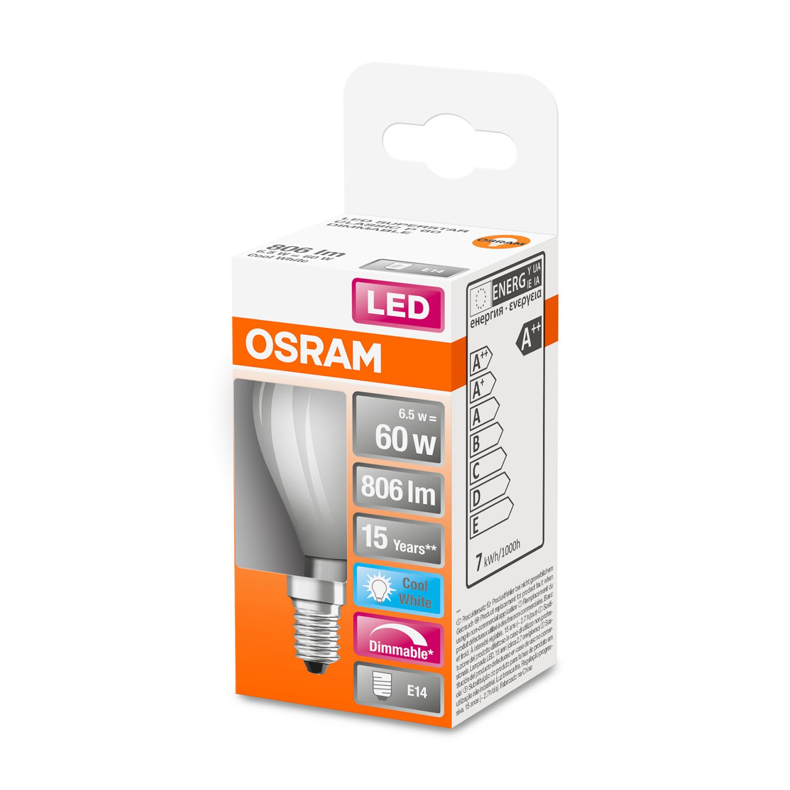 OSRAM LED-dråpepære E14 6,5 W 827 dimbar matt