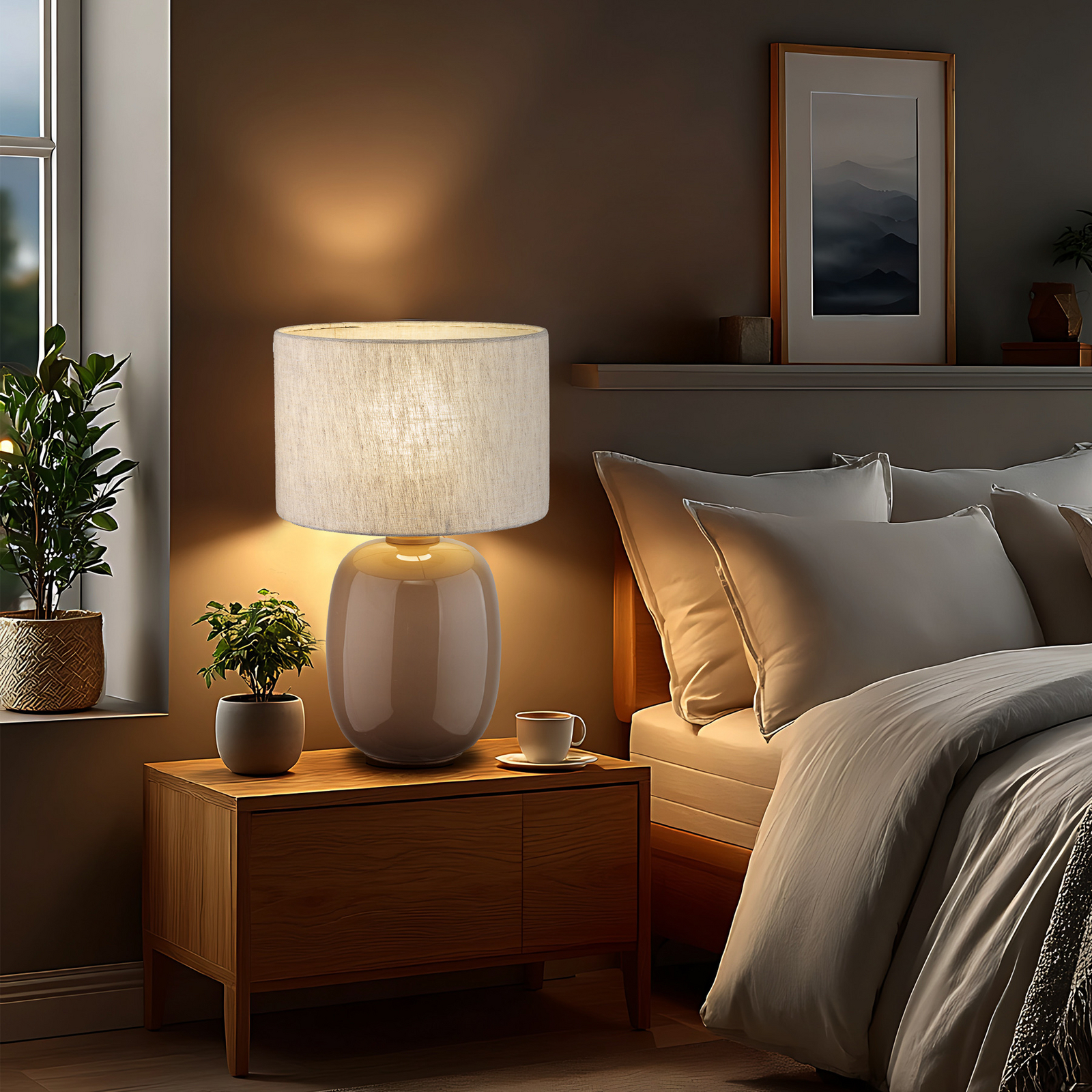 Tafellamp Melody, zandkleurig, textiel, hoogte 48 cm, E27 Tafellamp Melody, zandkleurig, textiel, hoogte 48 cm, E27