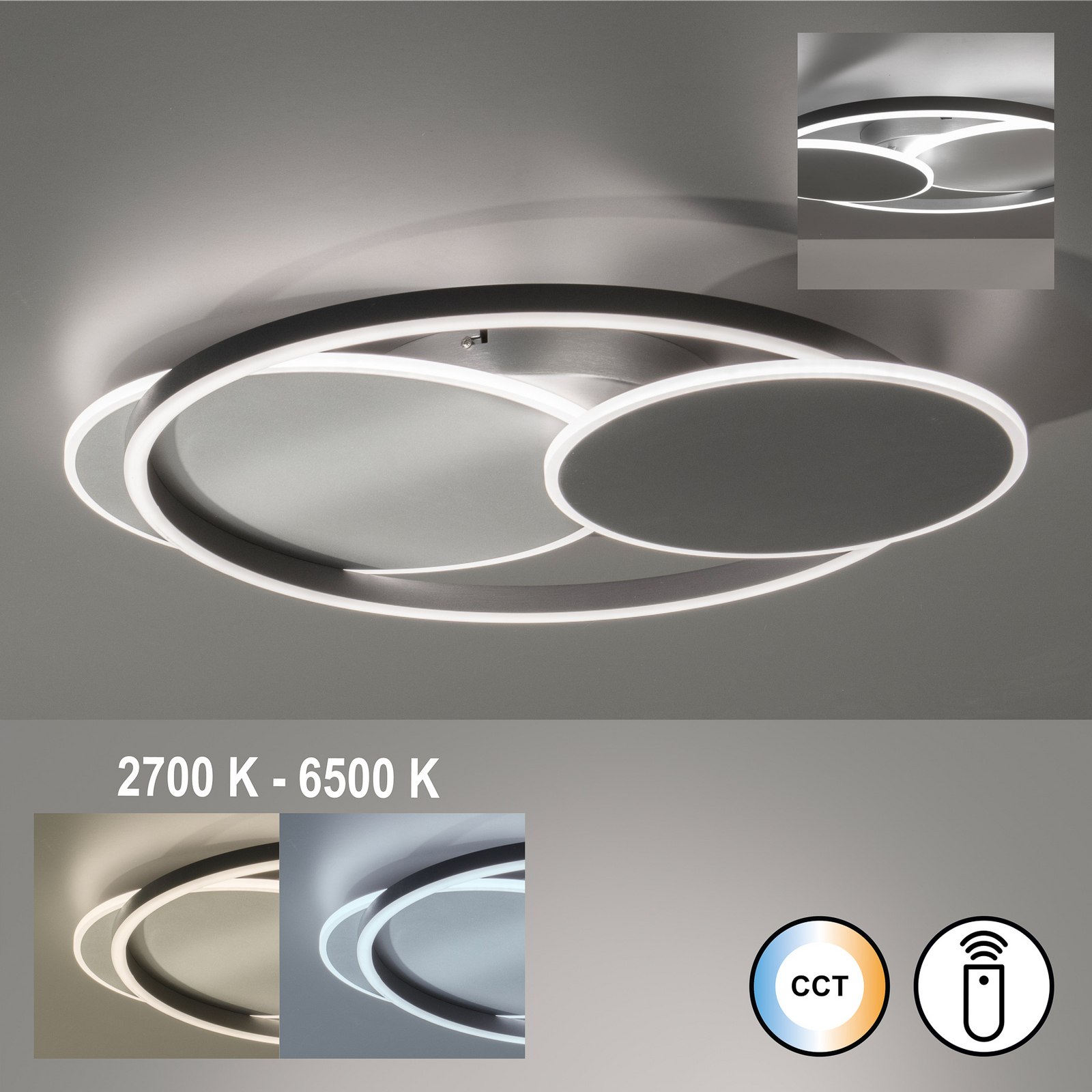 LED-Deckenlampe Lunea, Ø 66 cm, silberfarben, Metall, CCT