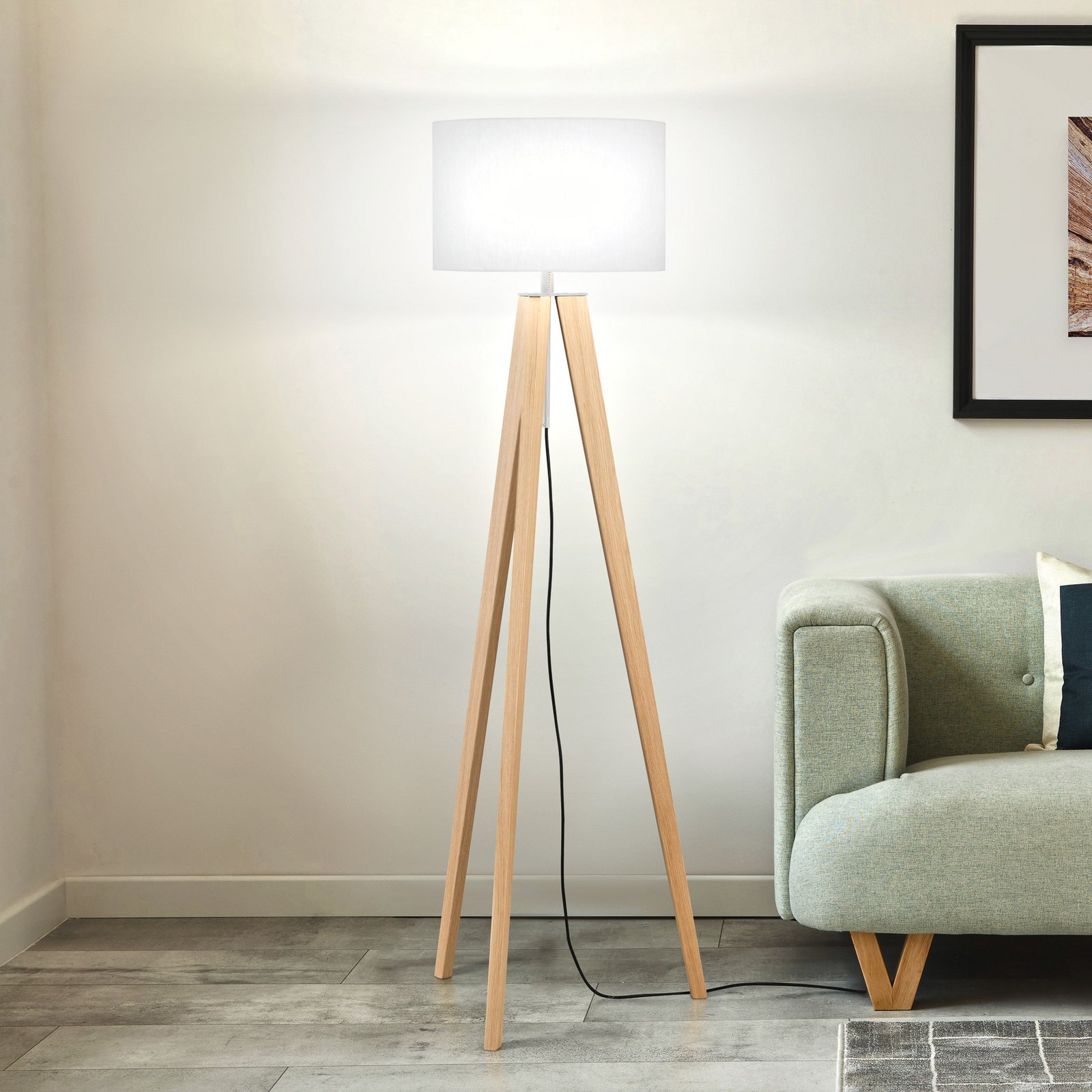 Lampadaire SHINE-WOOD, blanc/nickel/chêne, hauteur 164 cm 3 x E27