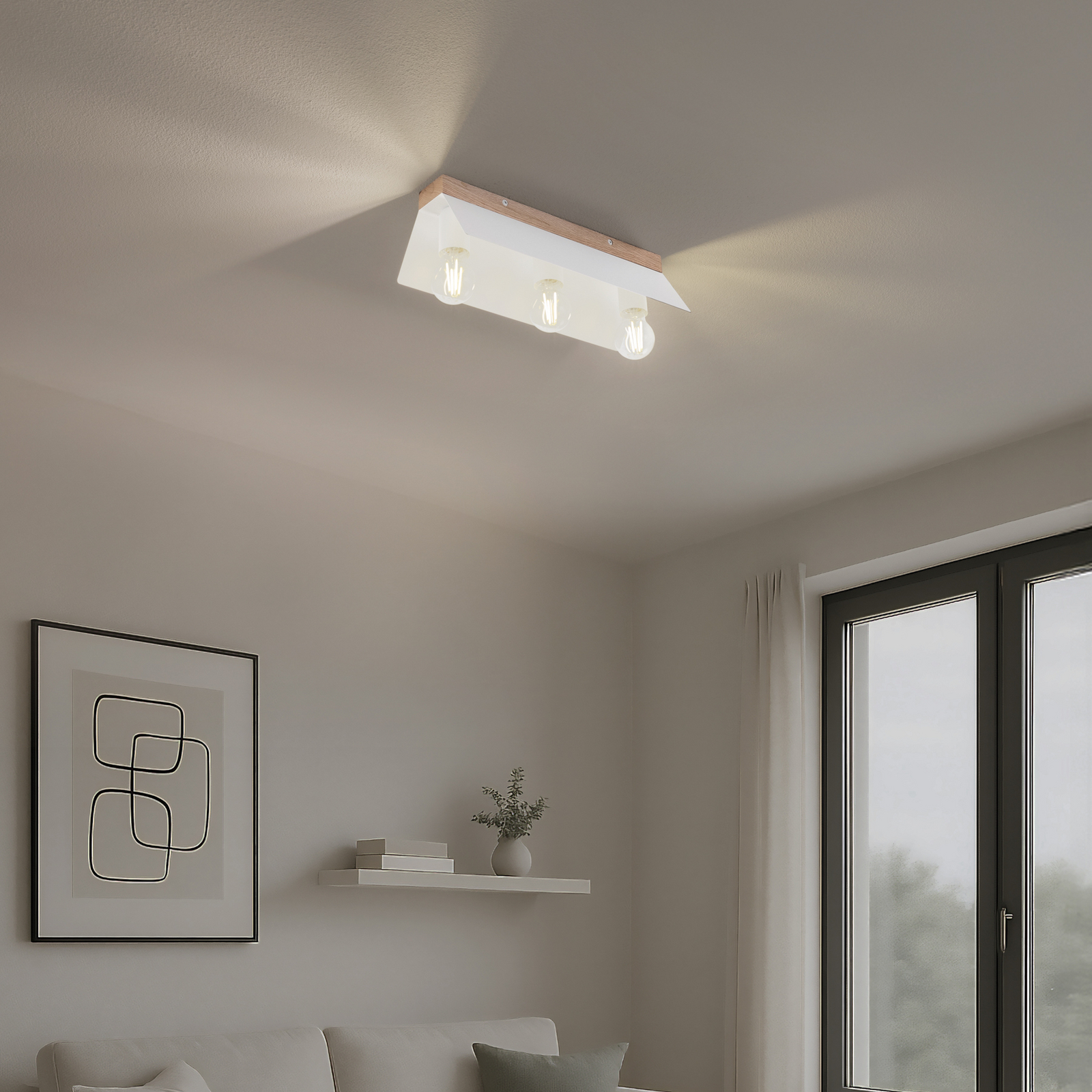 Esme ceiling lamp, white, length 40 cm, metal/wood, 3-bulb Esme ceiling lamp, white, length 40 cm, metal/wood, 3-bulb