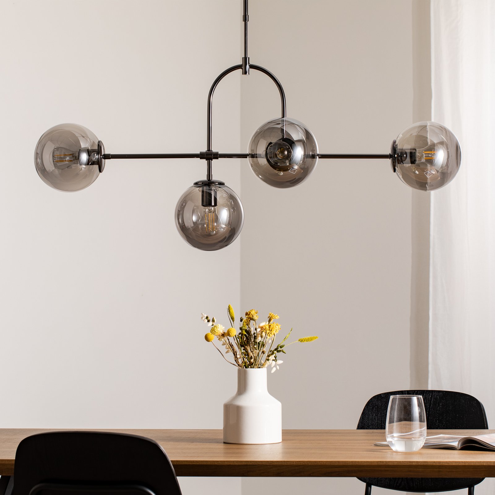 Portemo hanging light, smoky grey/nickel, 109x30 cm, 4-bulb glass