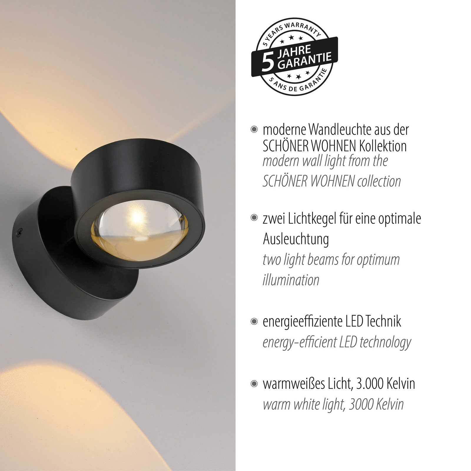 Schöner Wohnen LED wall lamp Chia, black, 3,000 K, up/down Schöner Wohnen LED wall lamp Chia, black, 3,000 K, up/down