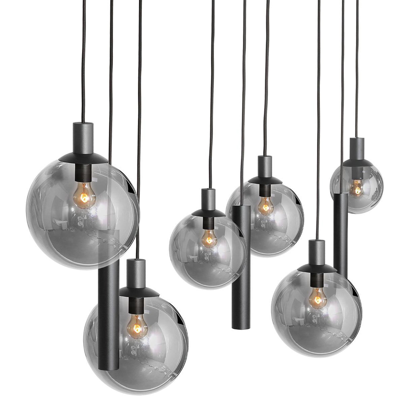 Bollique pendant light, black, 9-bulb long, glass, metal