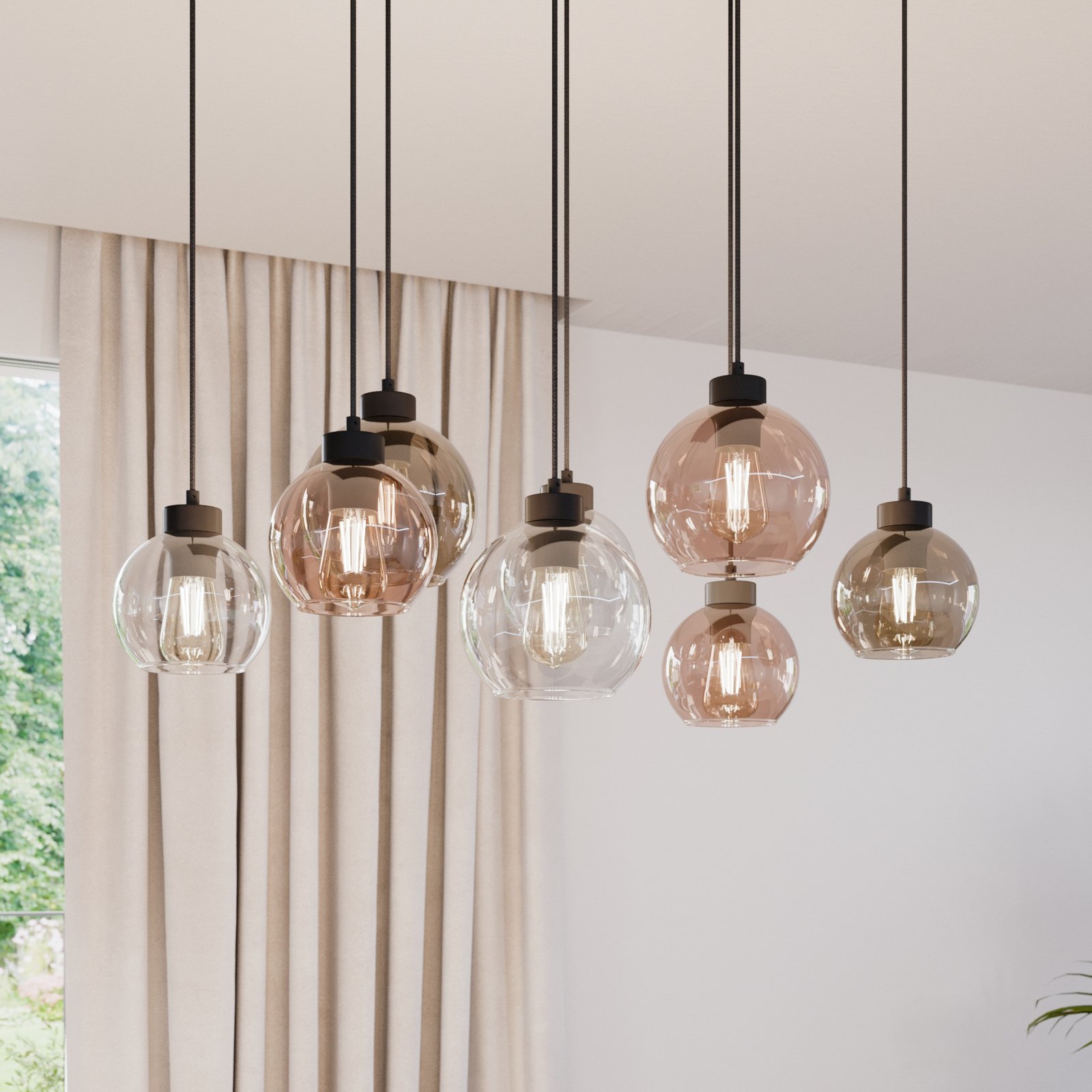 Cubus hanging light, 8-bulb, clear/honey/brown