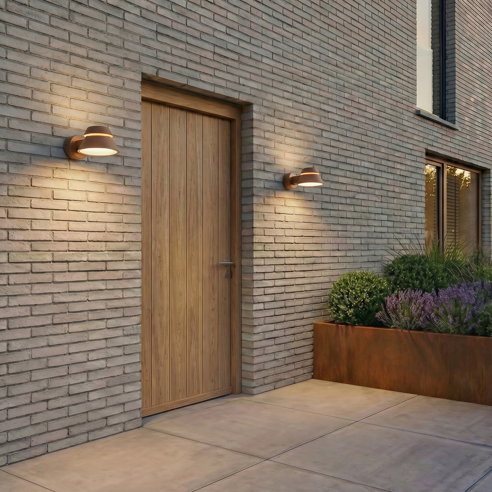 Moena utendørs LED-vegglampe, IP44, aluminium, glass, brun – Lucande