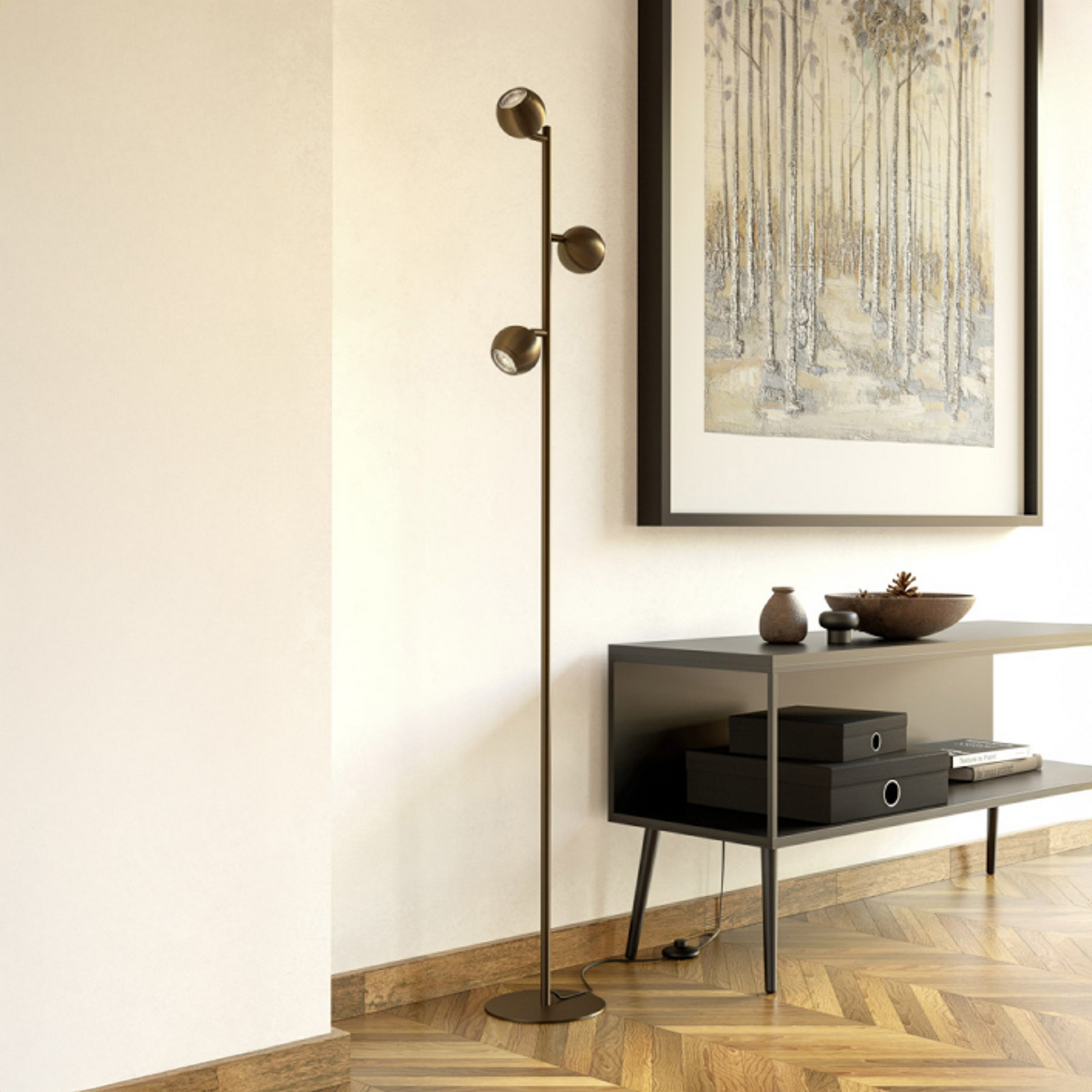 Lampe sur pied EGLO BIMEDA 1, couleur bronze, hauteur 140 cm, à 3 lampes. Lampe sur pied EGLO BIMEDA 1, couleur bronze, hauteur 140 cm, à 3 lampes.